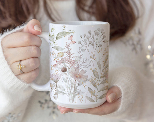 Watercolor Pink flowers Ceramic Coffee Mug