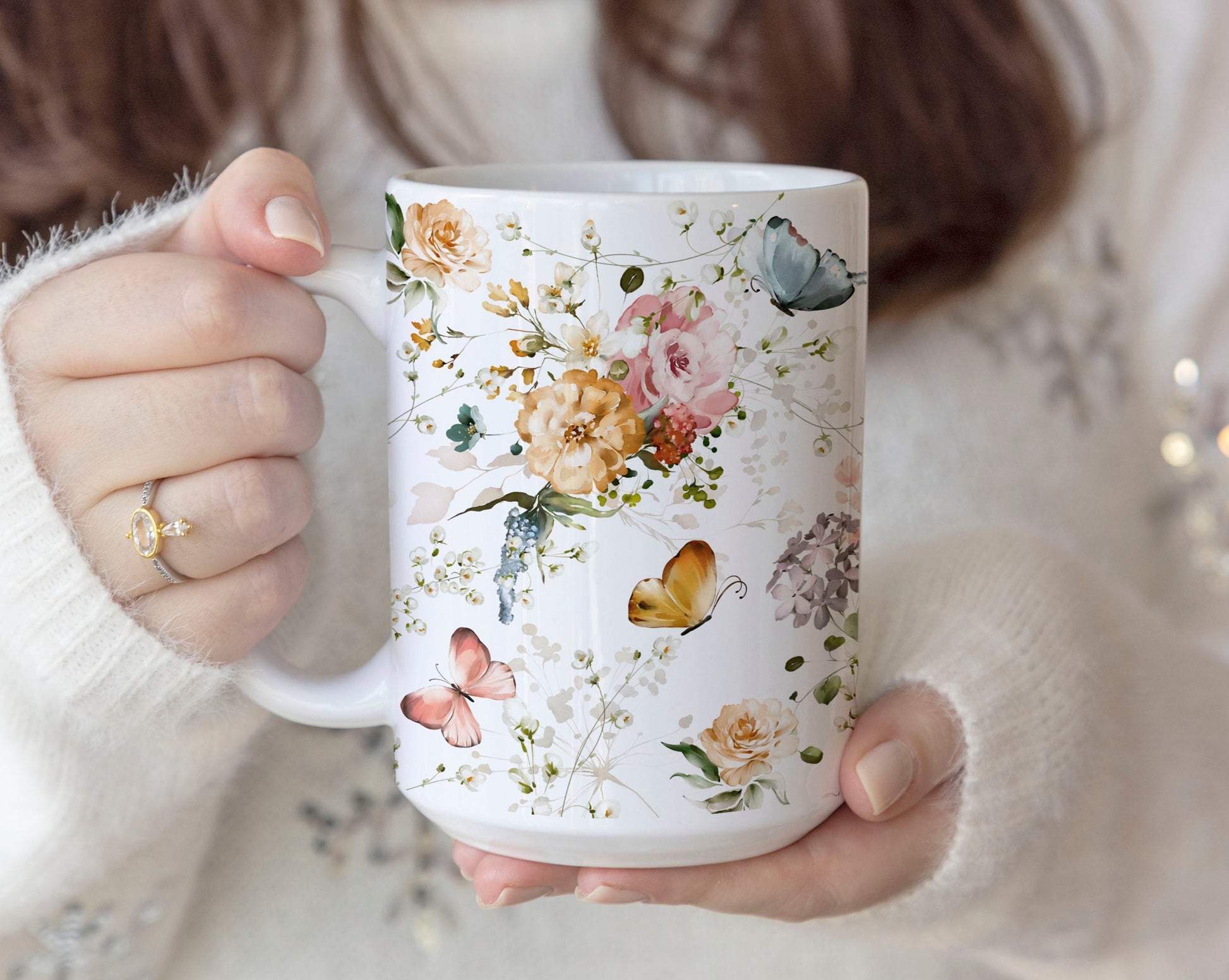 Colorful Watercolor Flowers and Butterflies Ceramic Coffee Mug