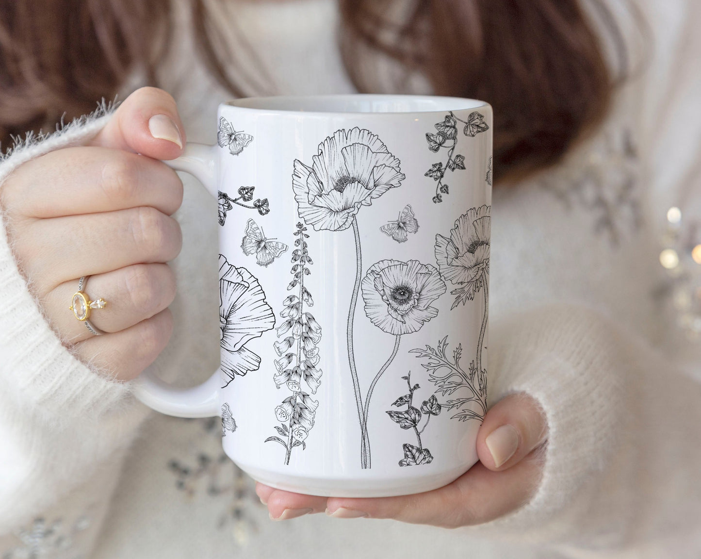 Black And White Floral Design Ceramic Coffee Mug