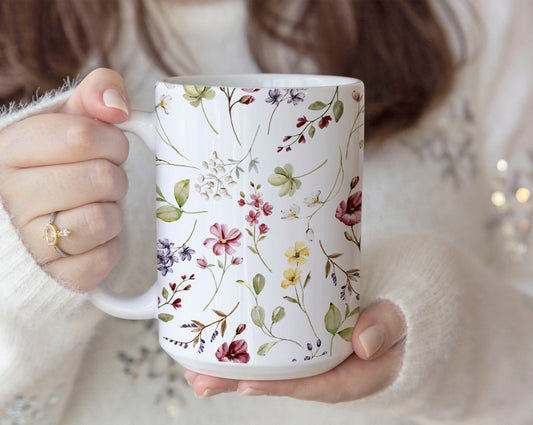 Boho Pressed Flowers Coffee Mug, Watercolor Flowers Mug, Botanical Tea Cup, Gentle Watercolor Floral Mug, Flower Garden Mug Gift For Her