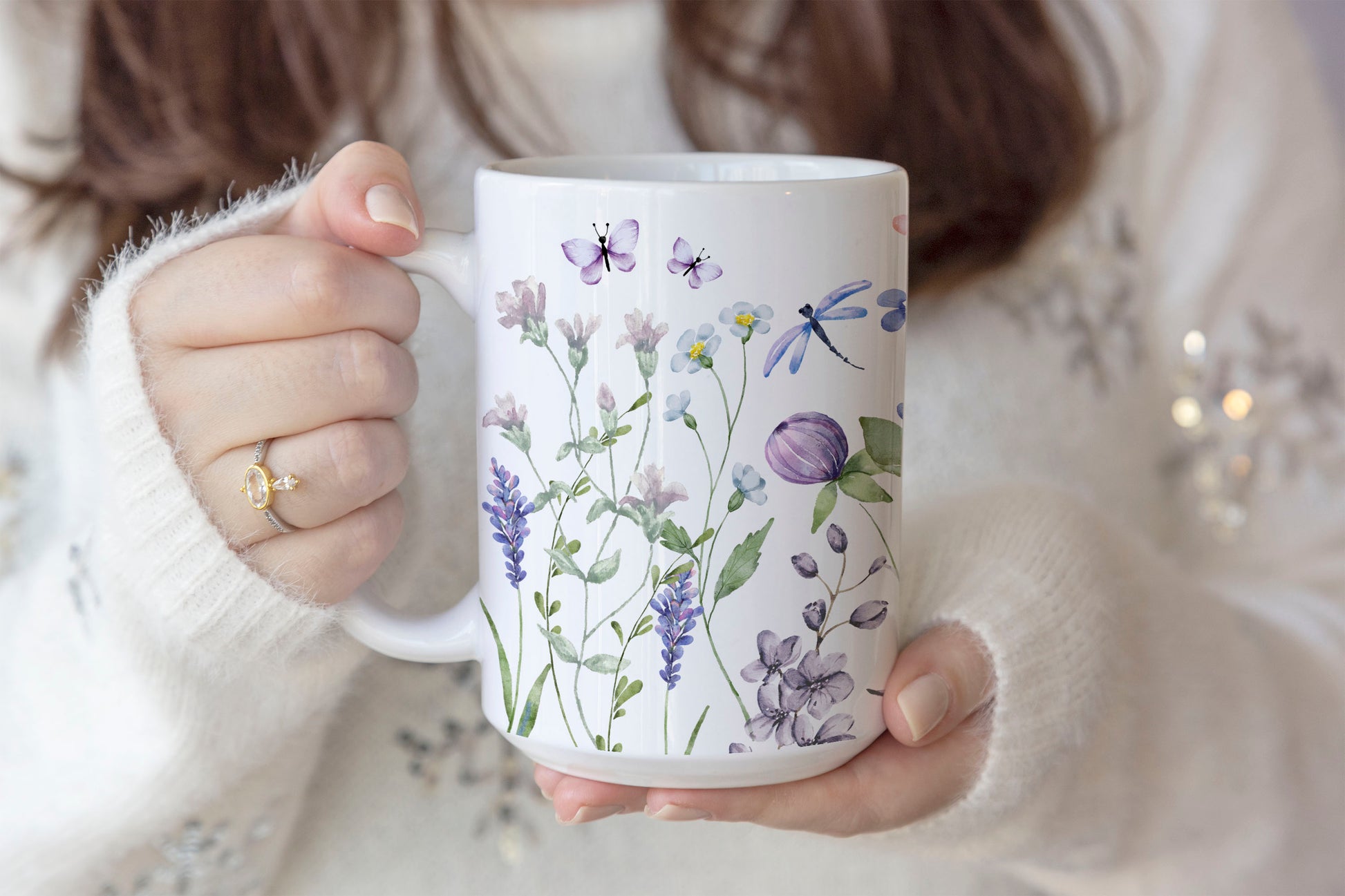 Purple Watercolor Wildflowers Ceramic Coffee Mug