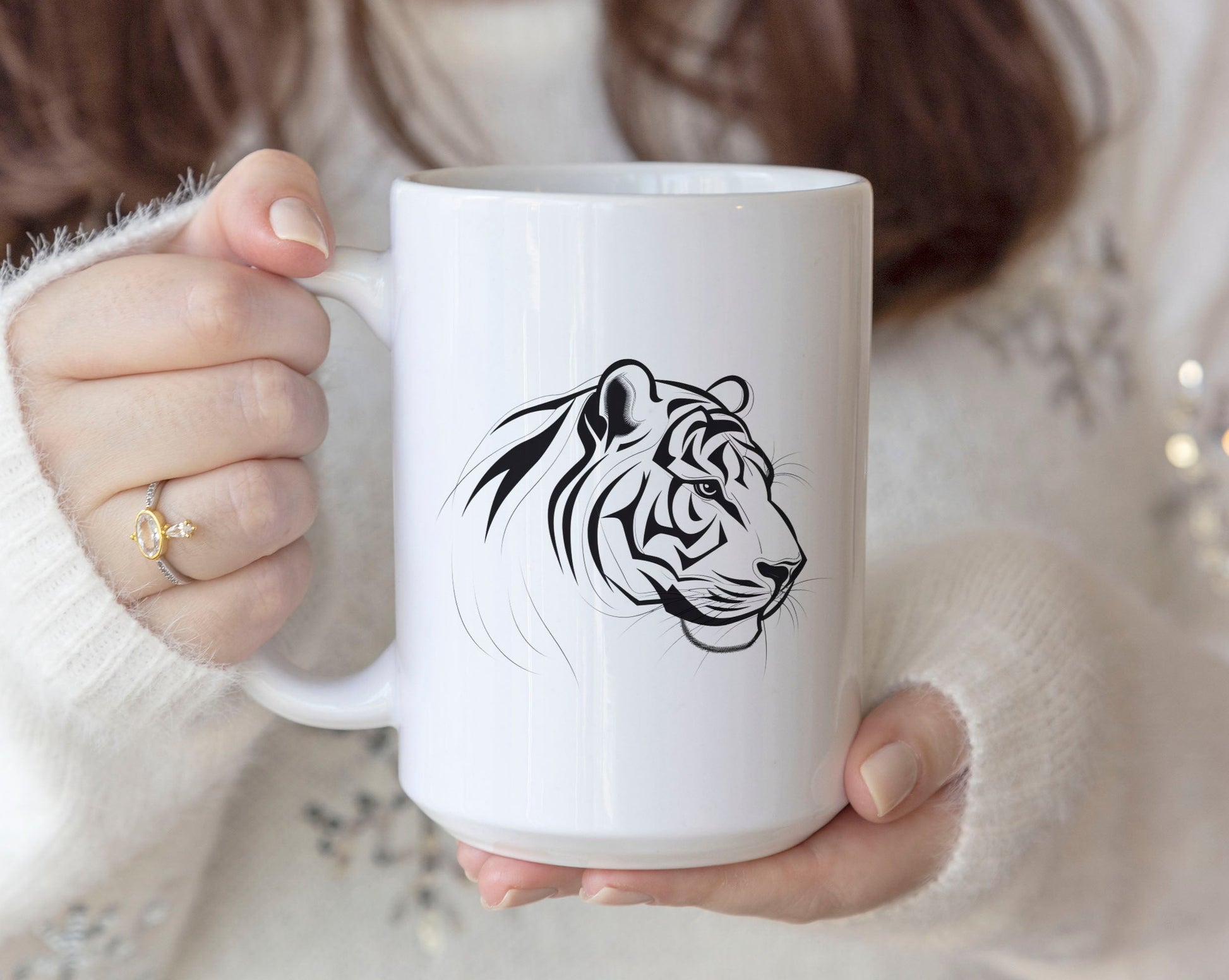 Tiger Ceramic Coffee Mug, Black Line Art Tiger Mug, Gift for Animal lover