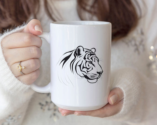 Tiger Ceramic Coffee Mug, Black Line Art Tiger Mug, Gift for Animal lover