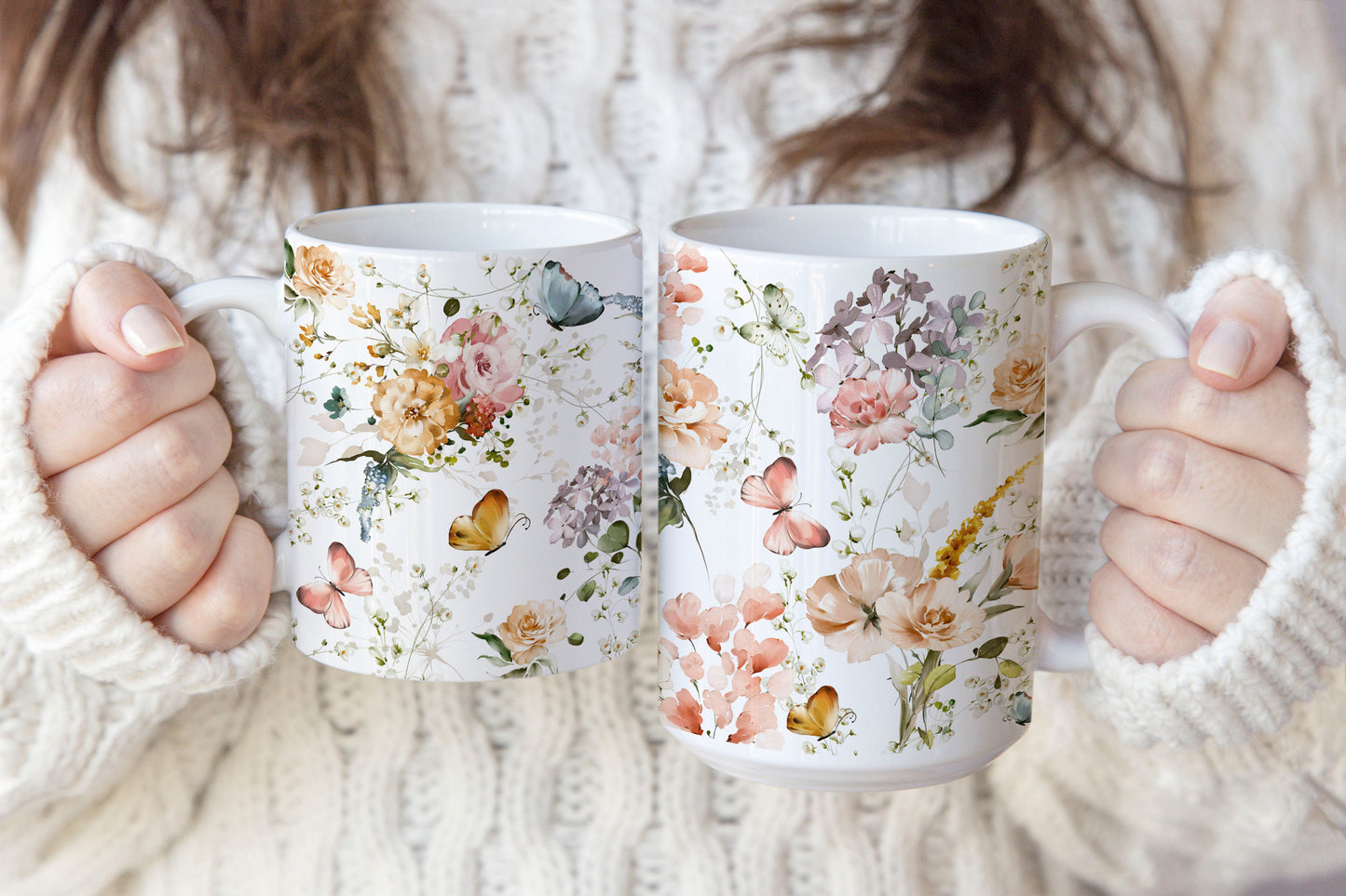 Colorful Watercolor Flowers and Butterflies Ceramic Coffee Mug