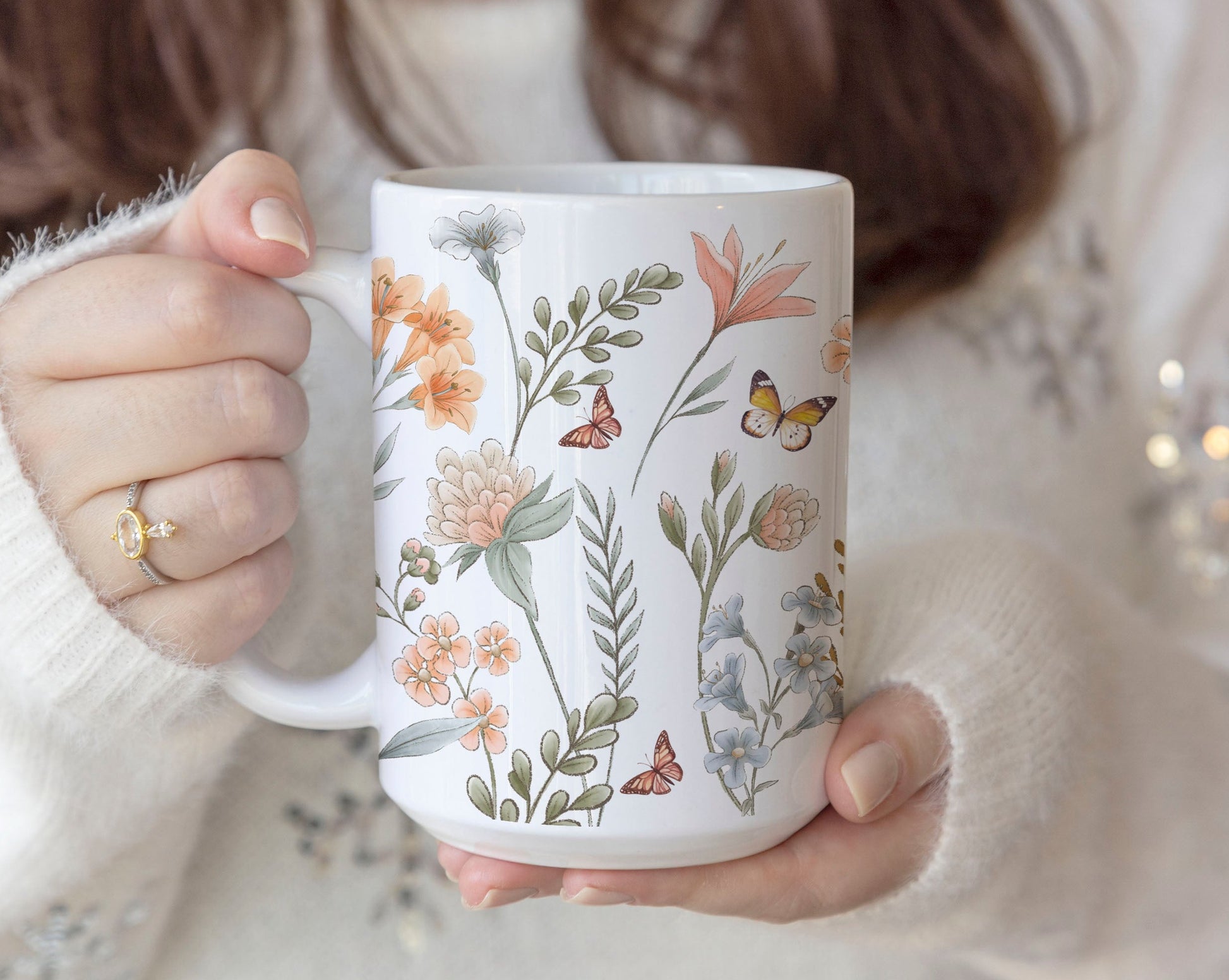 Beautiful Watercolor Pressed Flowers Ceramic Coffee Mug