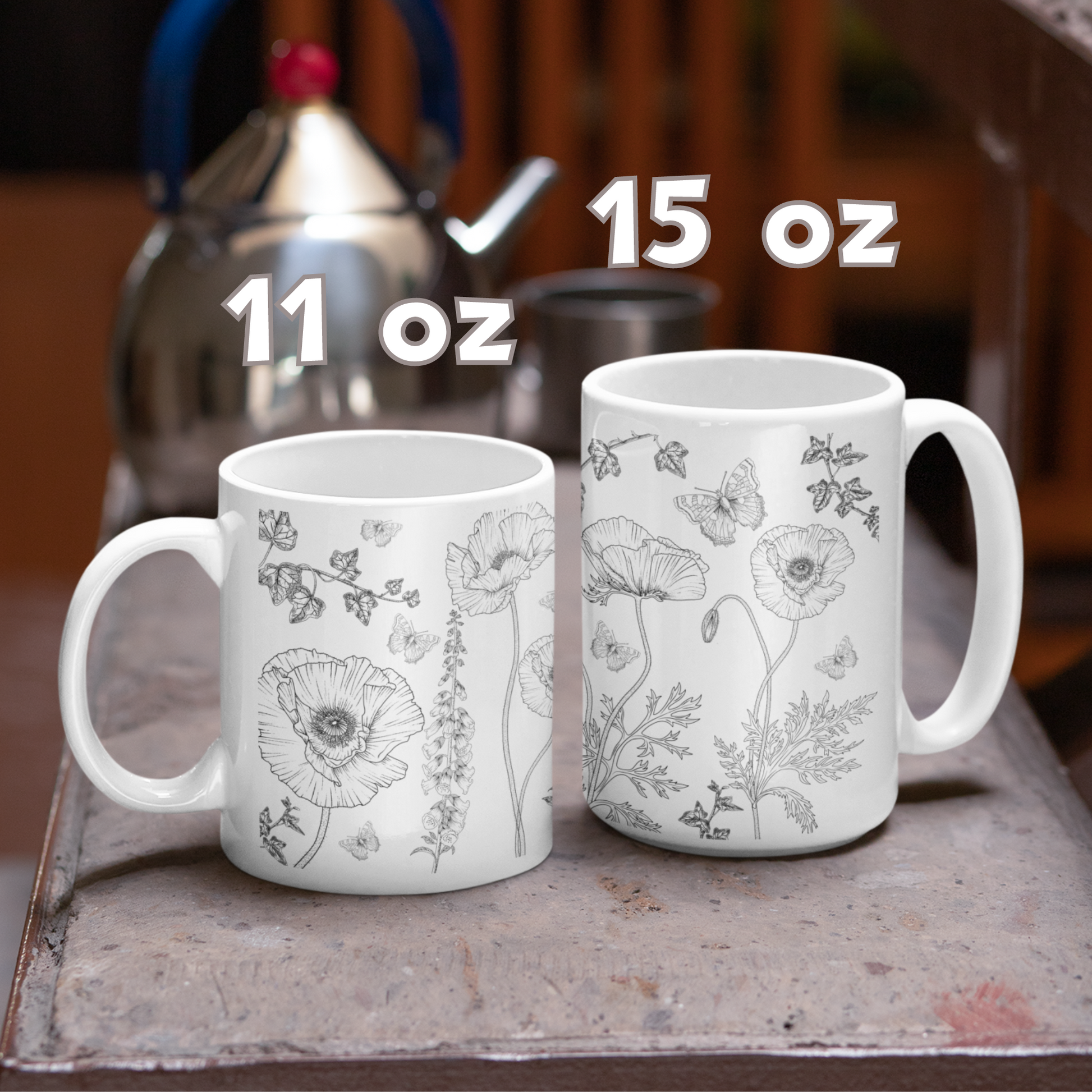 Black And White Floral Design Ceramic Coffee Mug