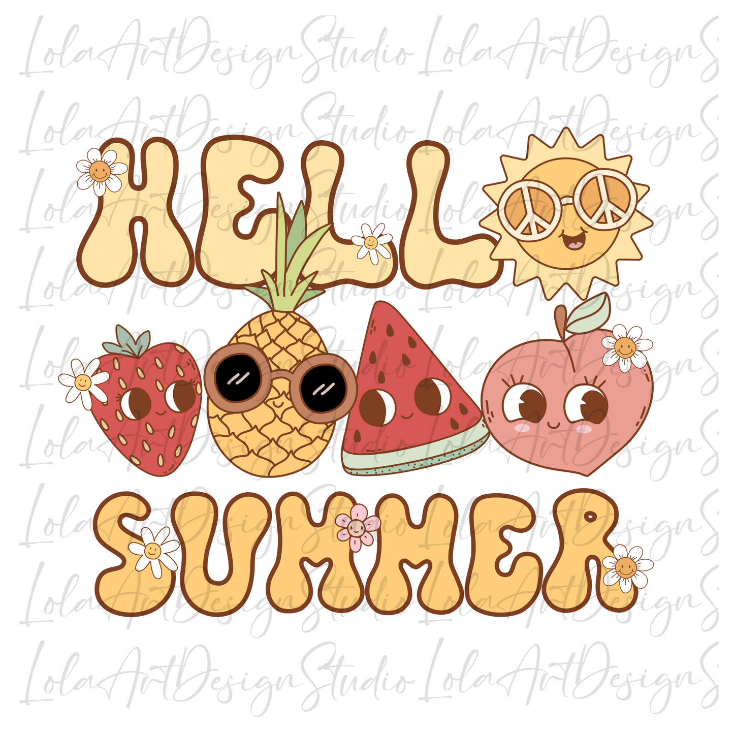 Hello Summer PNG file for sublimation, Retro Groovy Summer Fruit Sublimation