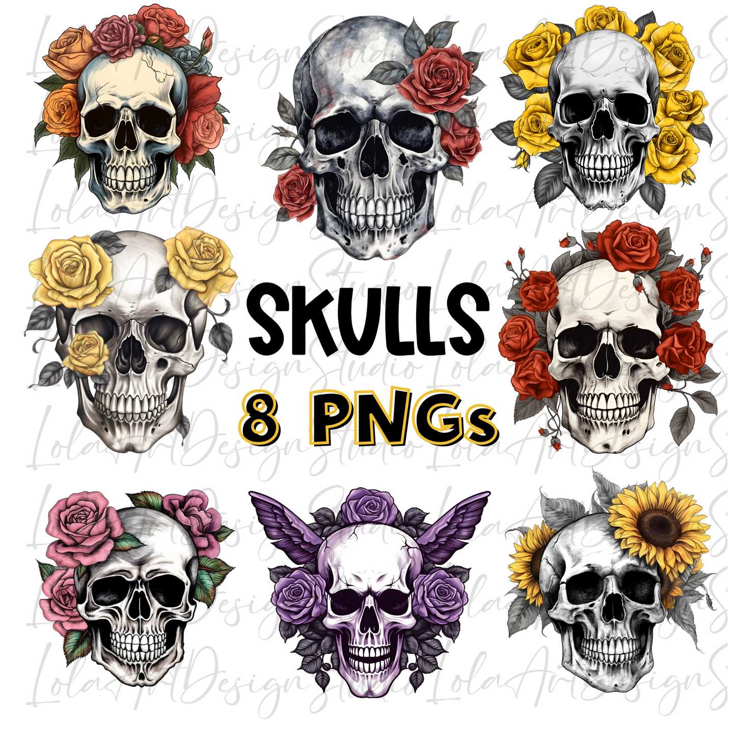 Floral Skull PNG Sublimation Bundle Of 8, Skulls With Roses PNG, Floral Skull Sublimation design download,Skull T-shirt design, Skull Png