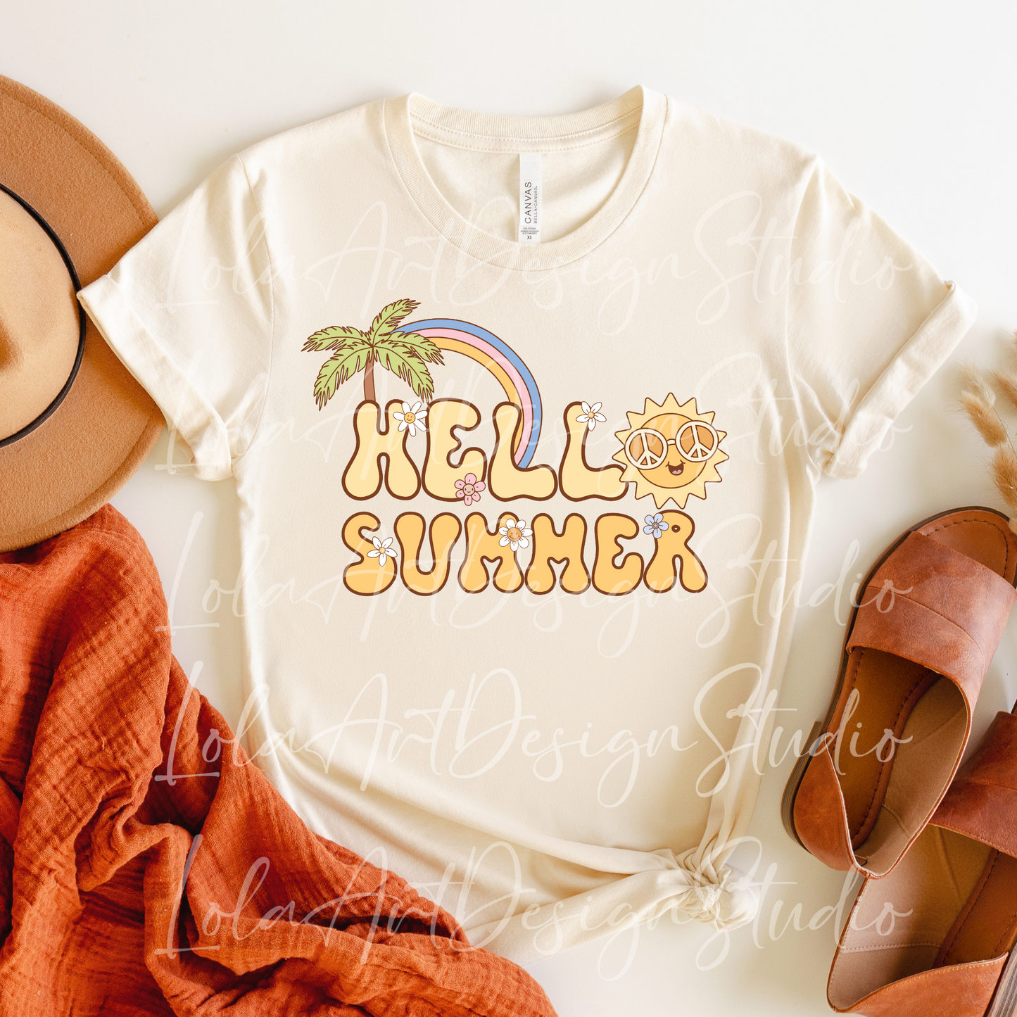 Hello Summer PNG file for sublimation, Retro Groovy Summer Sublimation