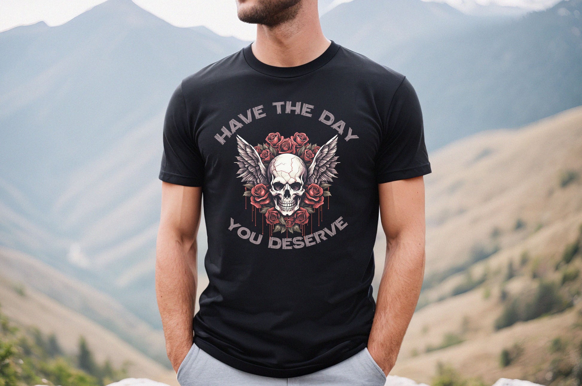 Have The Day You Deserve PNG sublimation design, Retro Grunge 90's Style Skull with wings and Roses Design For T-shirts, Digital Download