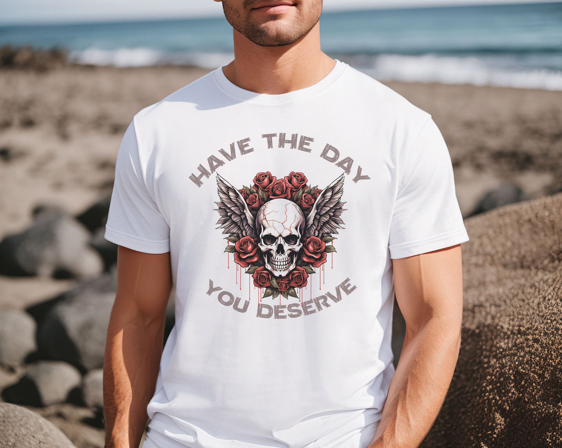 Have The Day You Deserve PNG sublimation design, Retro Grunge 90's Style Skull with wings and Roses Design For T-shirts, Digital Download