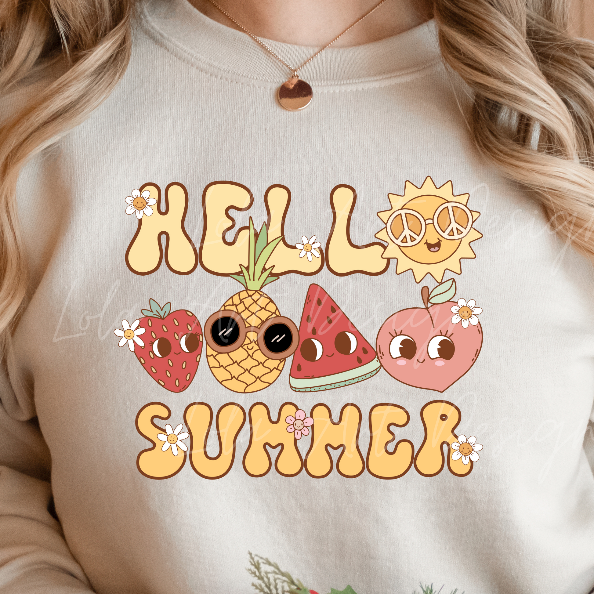 Hello Summer PNG file for sublimation, Retro Groovy Summer Fruit Sublimation