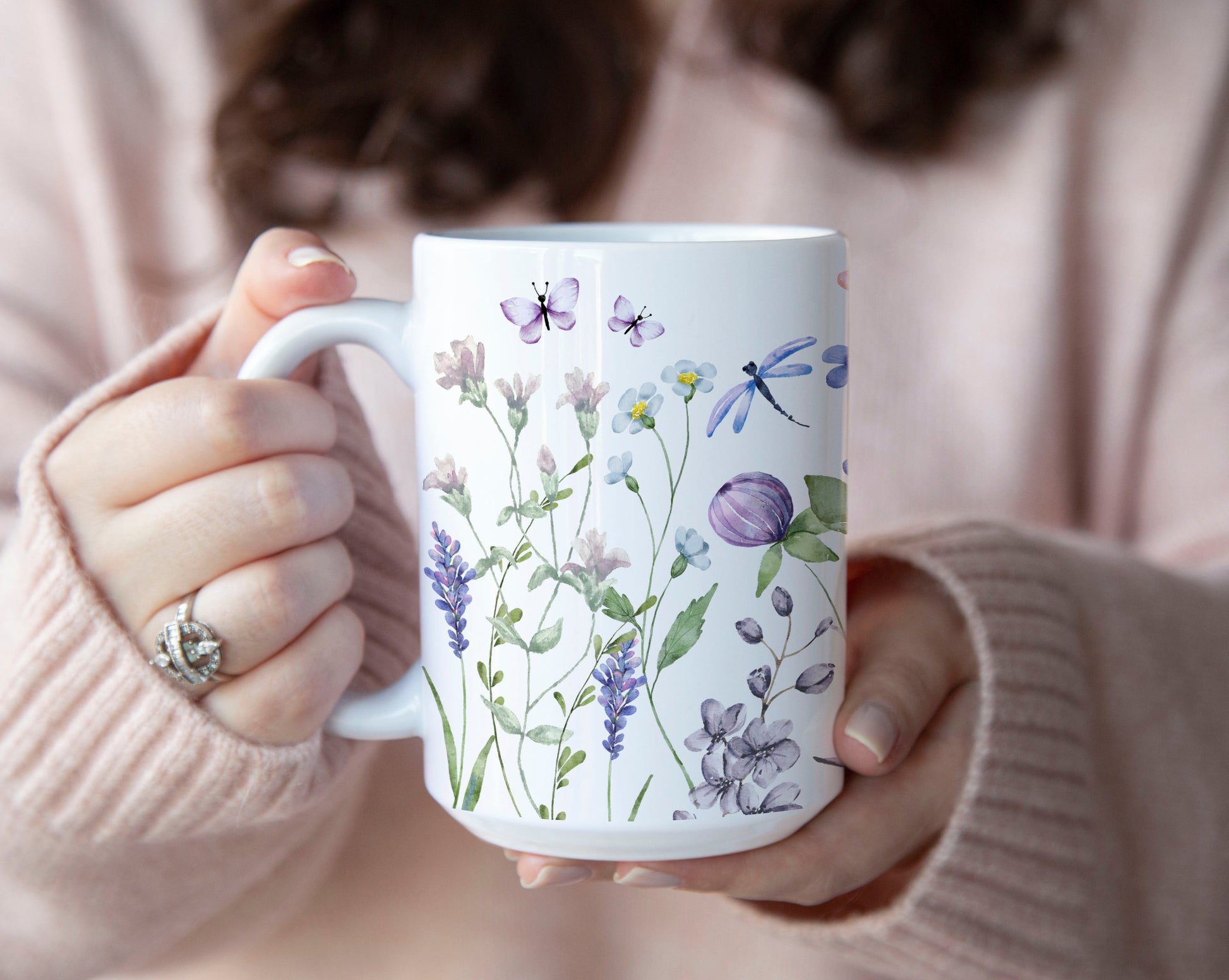 Purple Watercolor Wildflowers Ceramic Coffee Mug