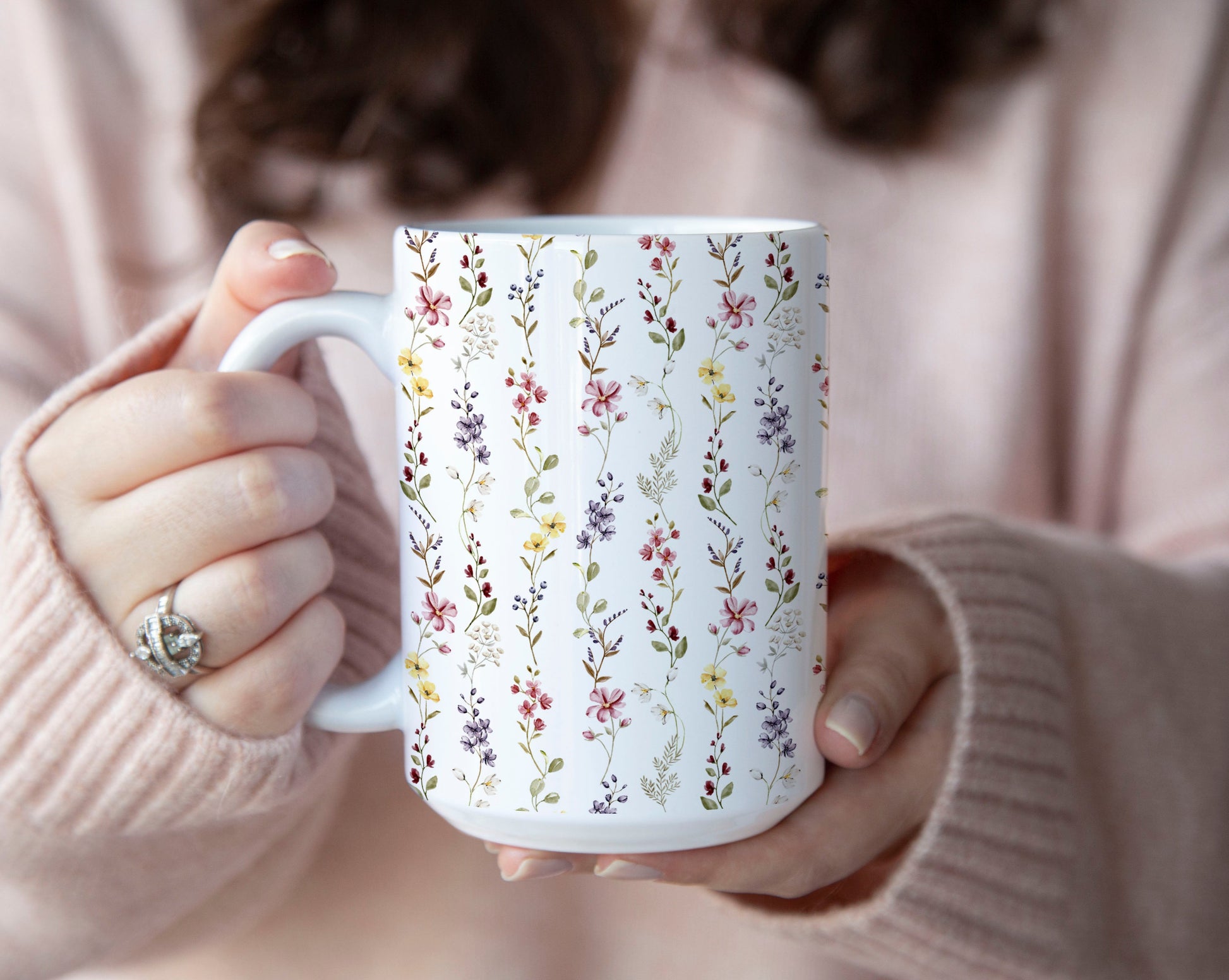 Boho Pressed Flowers Coffee Mug, Watercolor Flowers Mug, Botanical Tea Cup, Gentle Watercolor Floral Mug, Flower Garden Mug Gift For Her