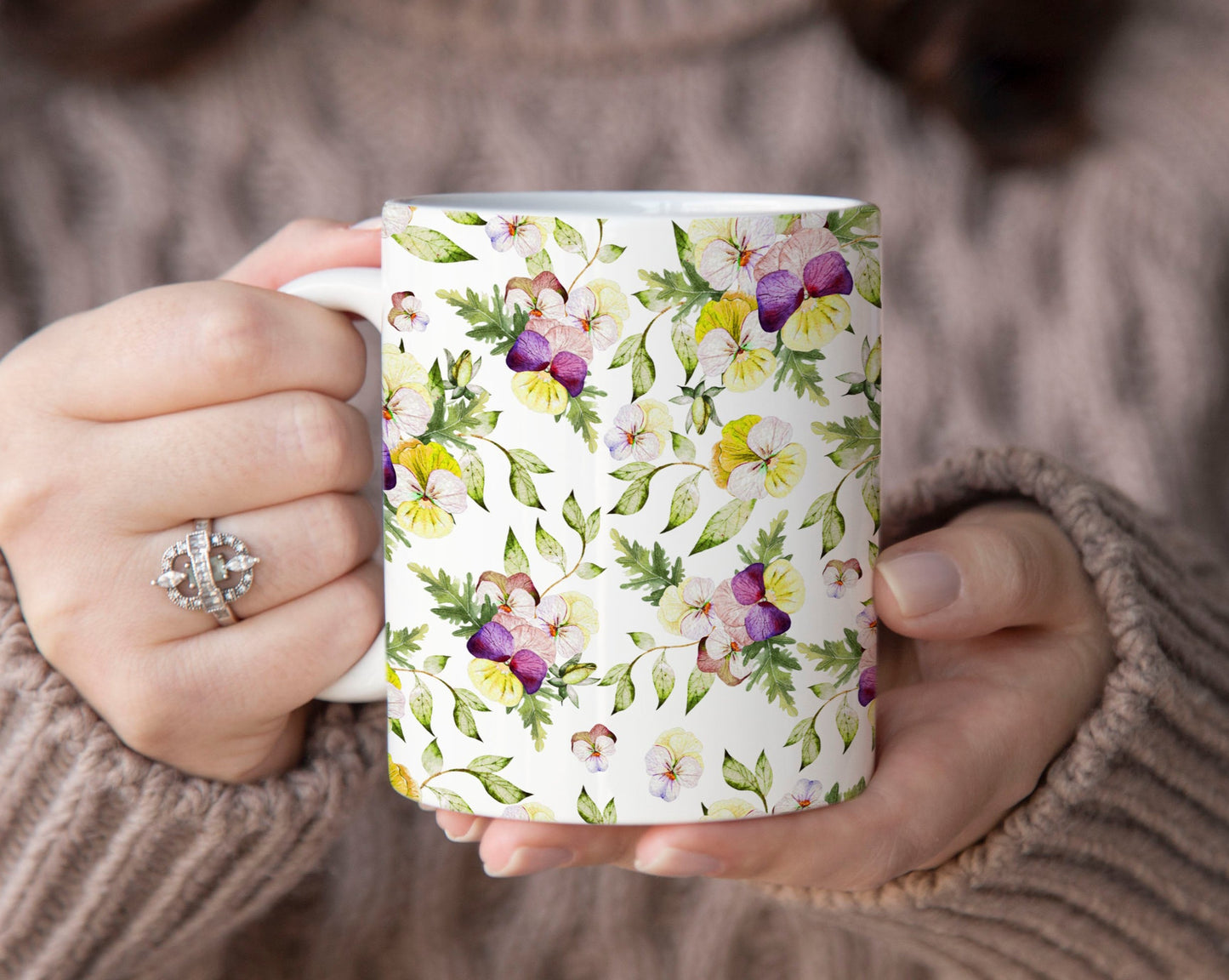 Purple And Yellow Watercolor Pansy Flowers Ceramic Coffee Mug