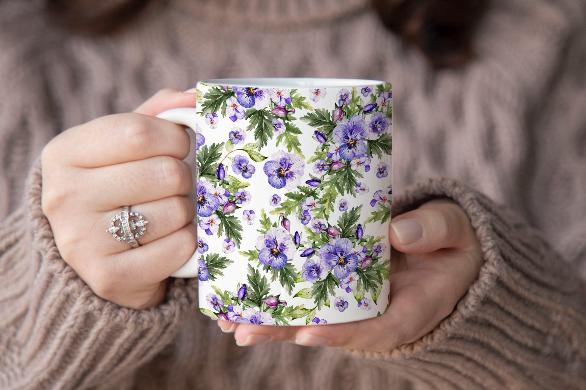 Purple Watercolor Pansy Flowers Ceramic Coffee Mug