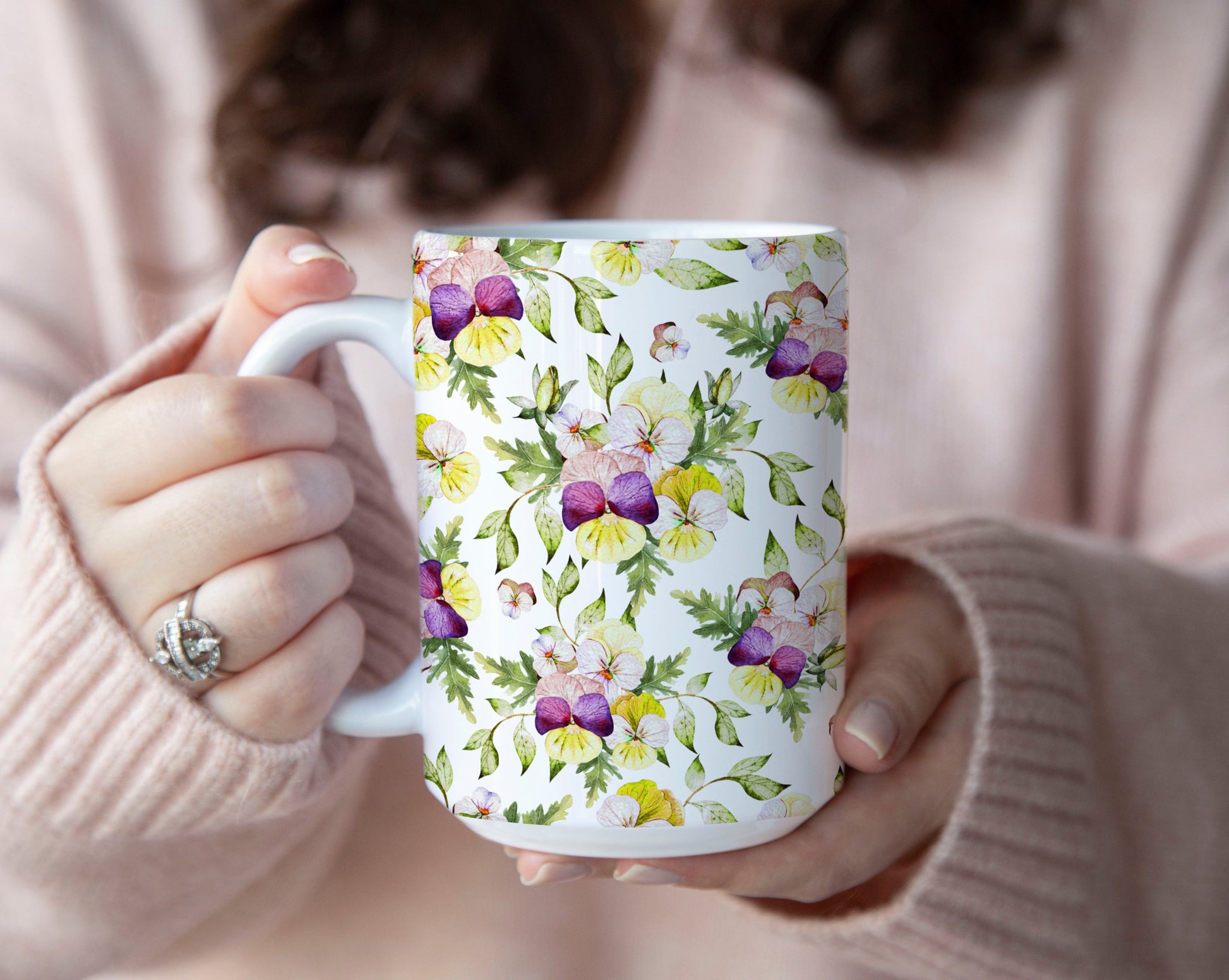 Purple And Yellow Watercolor Pansy Flowers Ceramic Coffee Mug