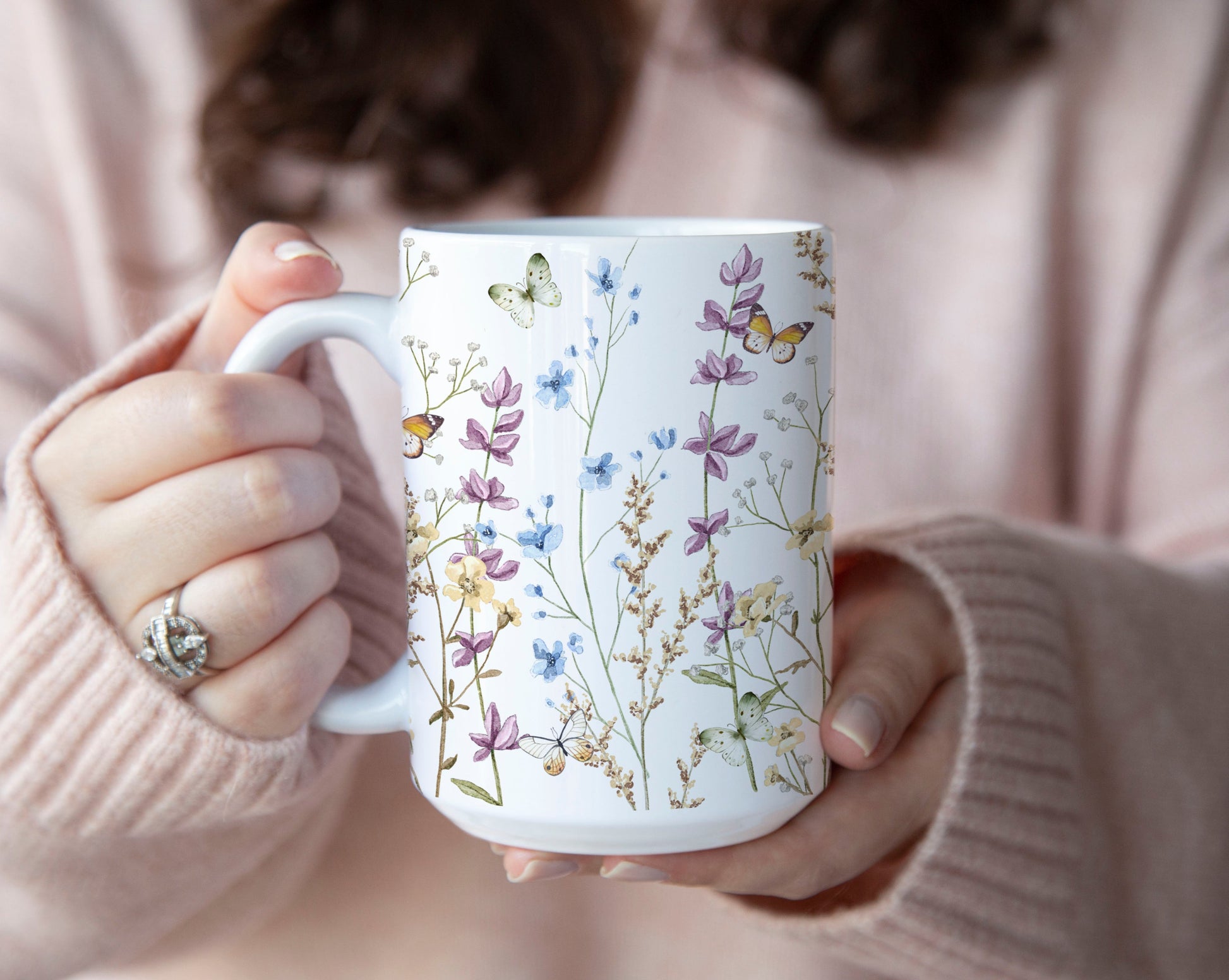 Blue And Purple Watercolor Wildflowers Ceramic Coffee Mug