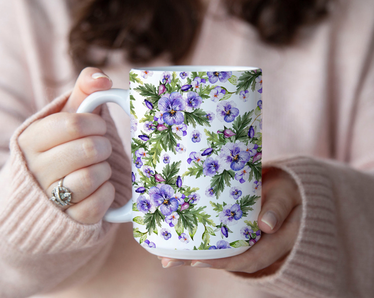 Purple Watercolor Pansy Flowers Ceramic Coffee Mug