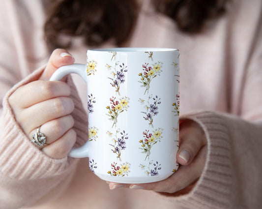 Boho Pressed Flowers Coffee Mug, Watercolor Flowers Mug, Botanical Tea Cup, Gentle Watercolor Floral Mug, Flower Garden Mug Gift For Her