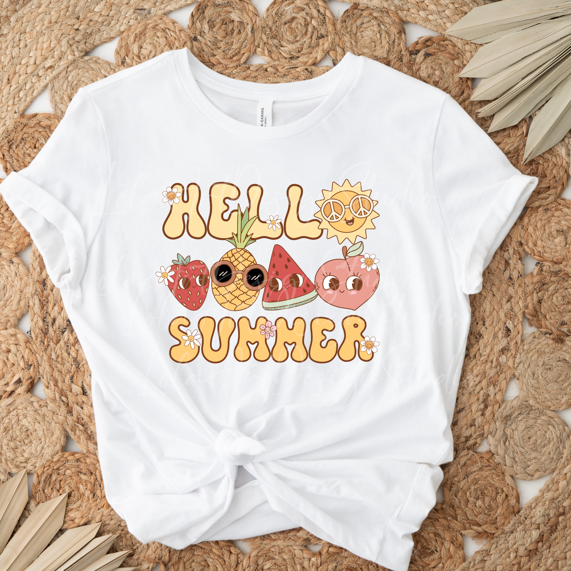 Hello Summer PNG file for sublimation, Retro Groovy Summer Fruit Sublimation