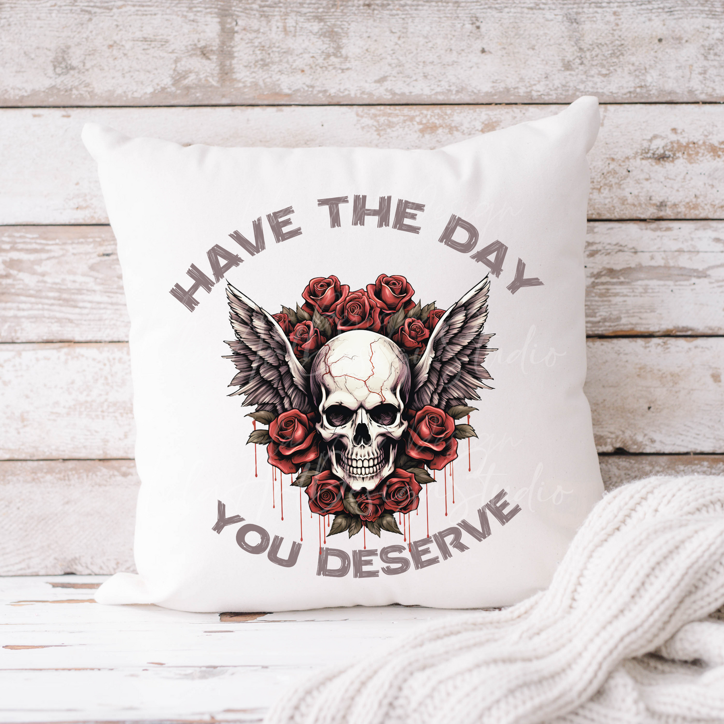 Have The Day You Deserve PNG sublimation design, Retro Grunge 90's Style Skull with wings and Roses Design For T-shirts, Digital Download