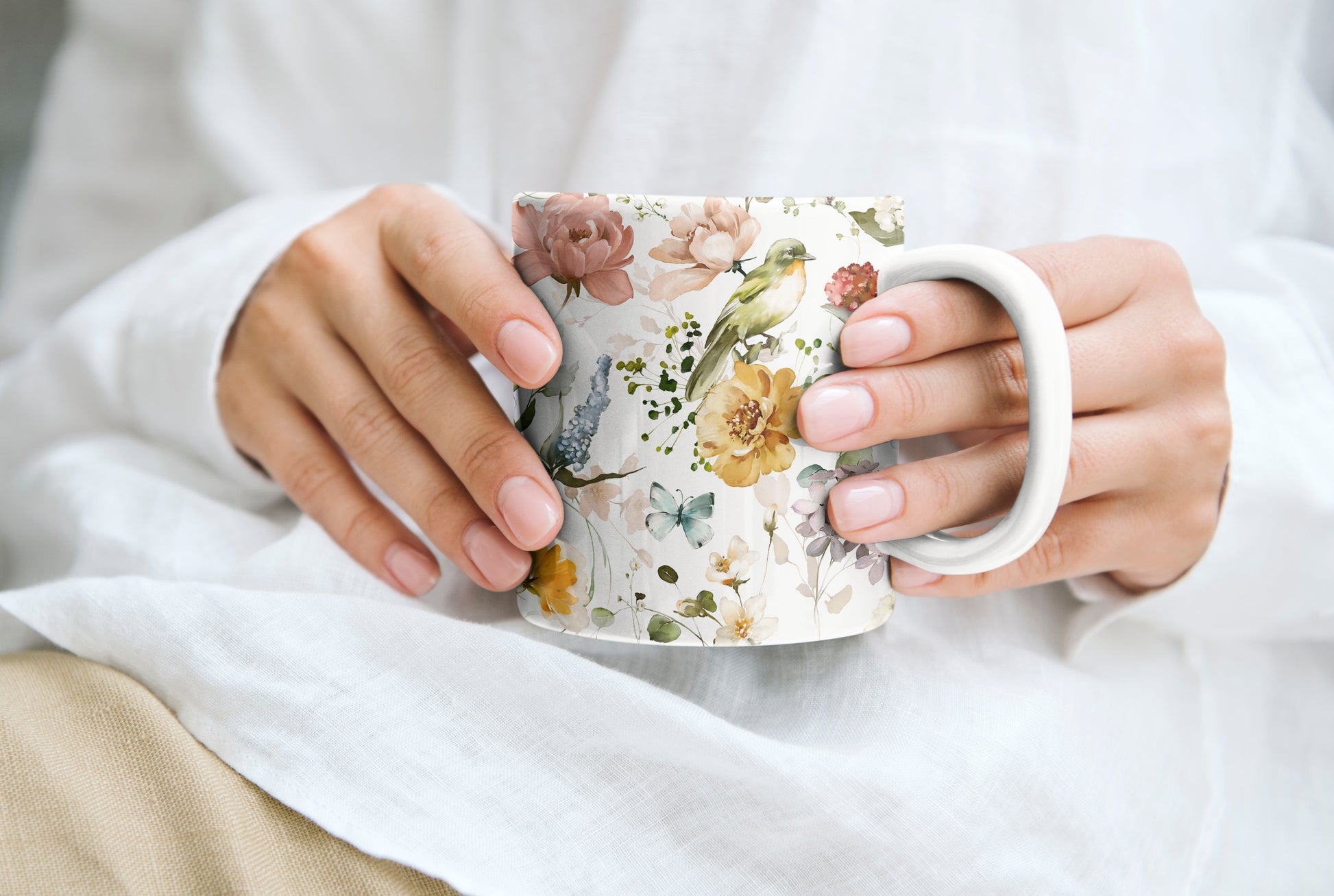 Colorful Watercolor Flowers and Butterflies Ceramic Coffee Mug