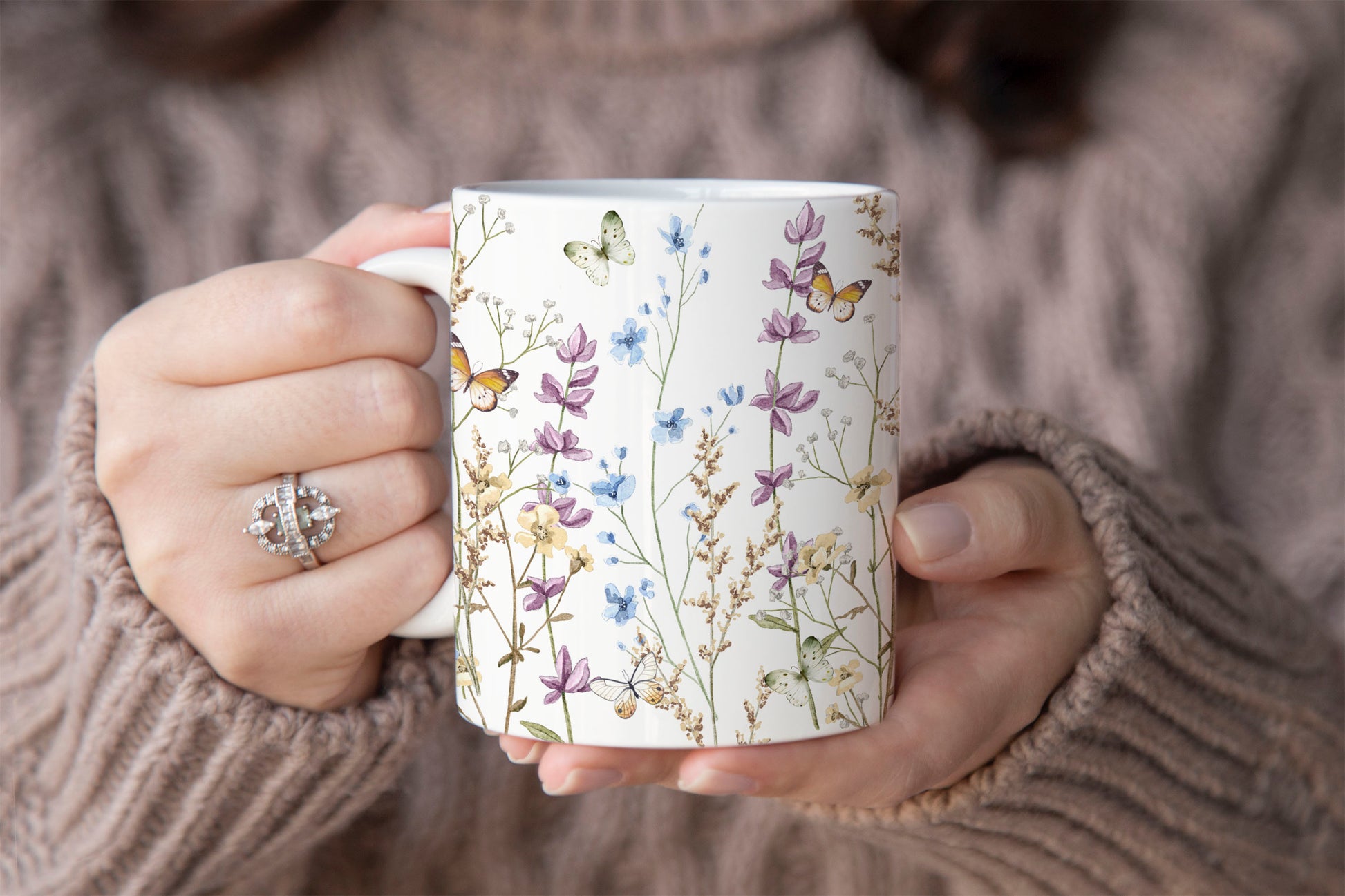 Blue And Purple Watercolor Wildflowers Ceramic Coffee Mug