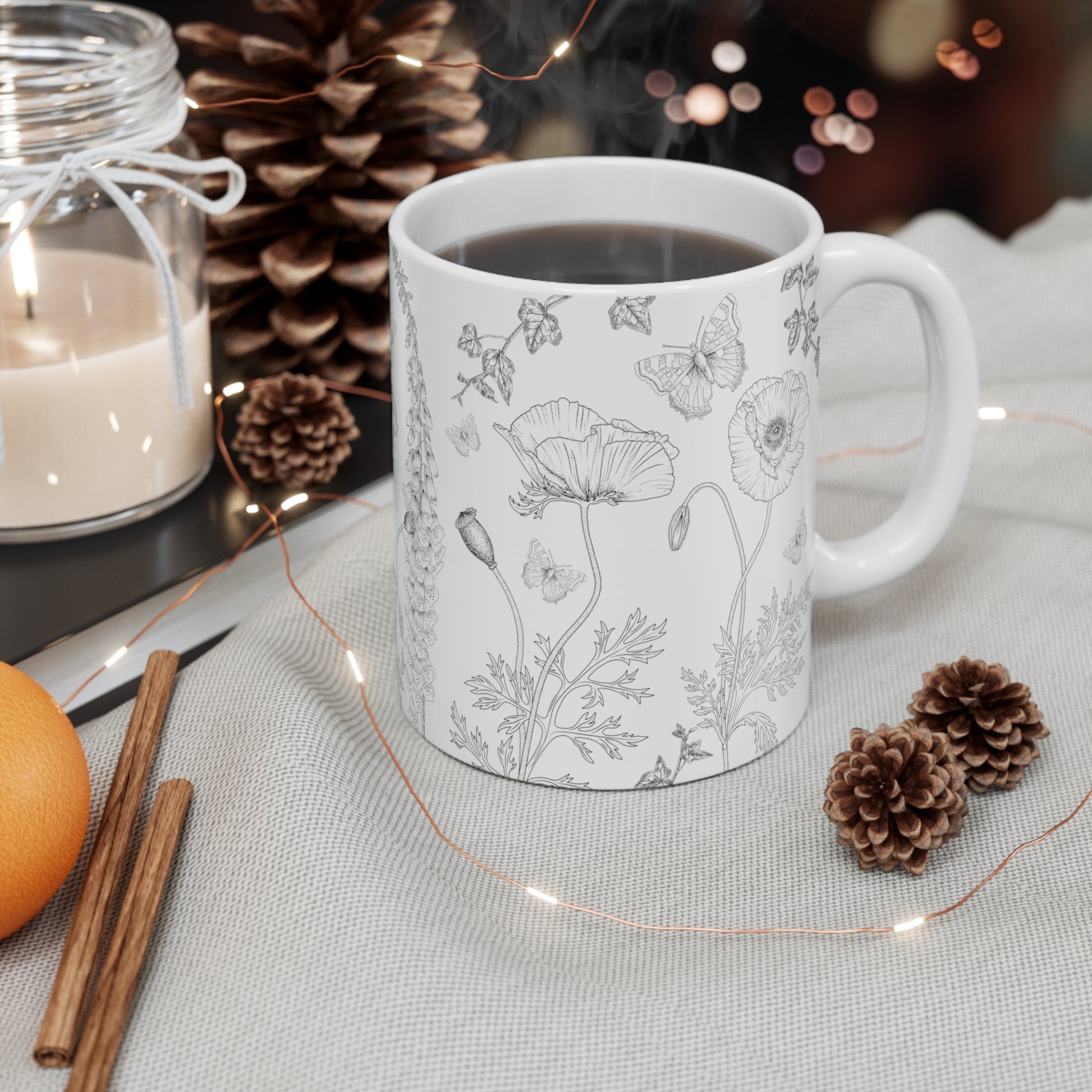 Black And White Floral Design Ceramic Coffee Mug