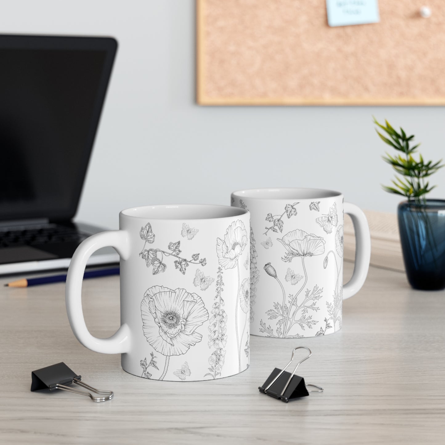 Black And White Floral Design Ceramic Coffee Mug