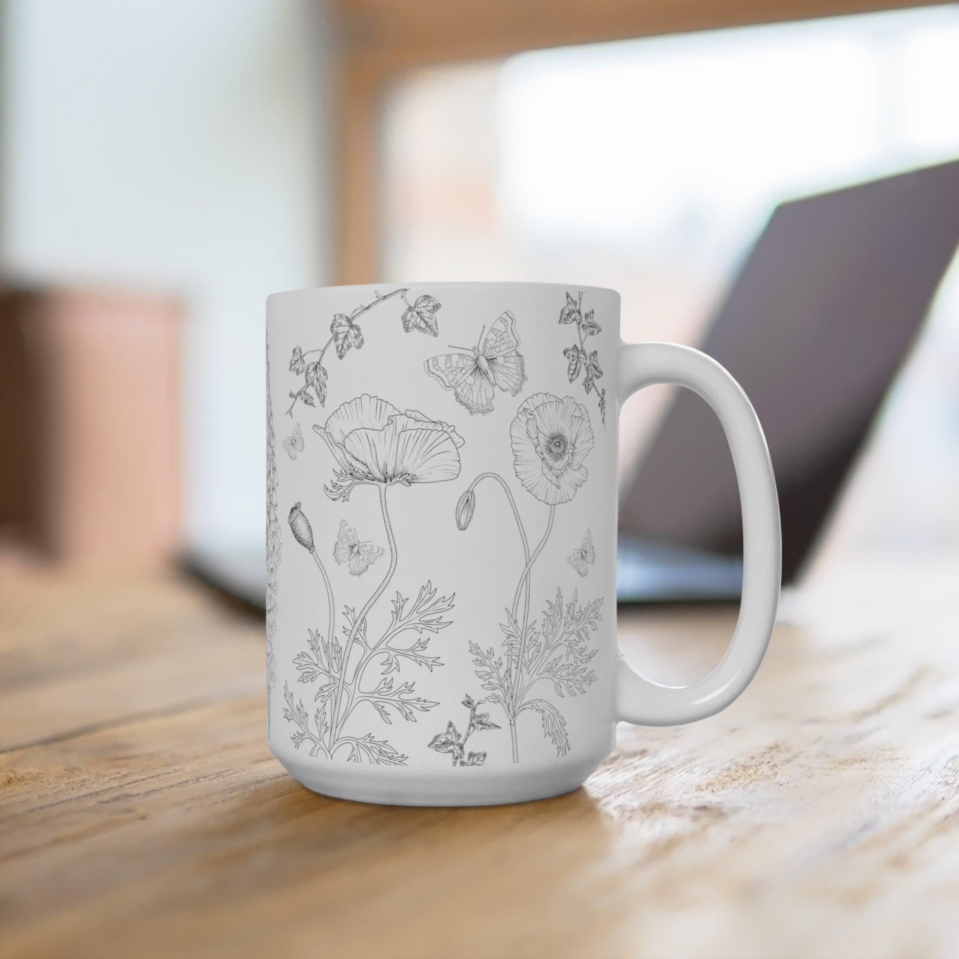 Black And White Floral Design Ceramic Coffee Mug