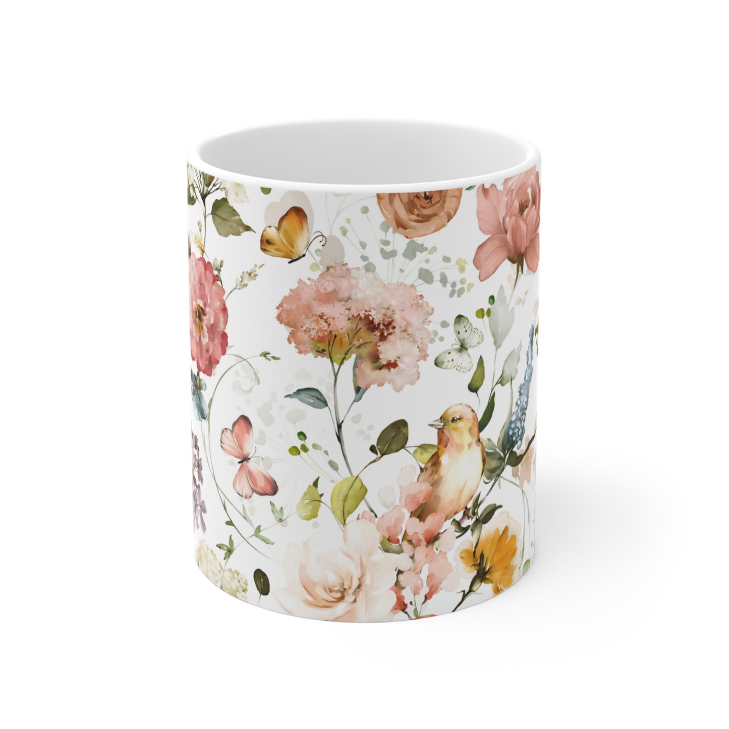 Colorful Watercolor Flowers and Butterflies Ceramic Coffee Mug