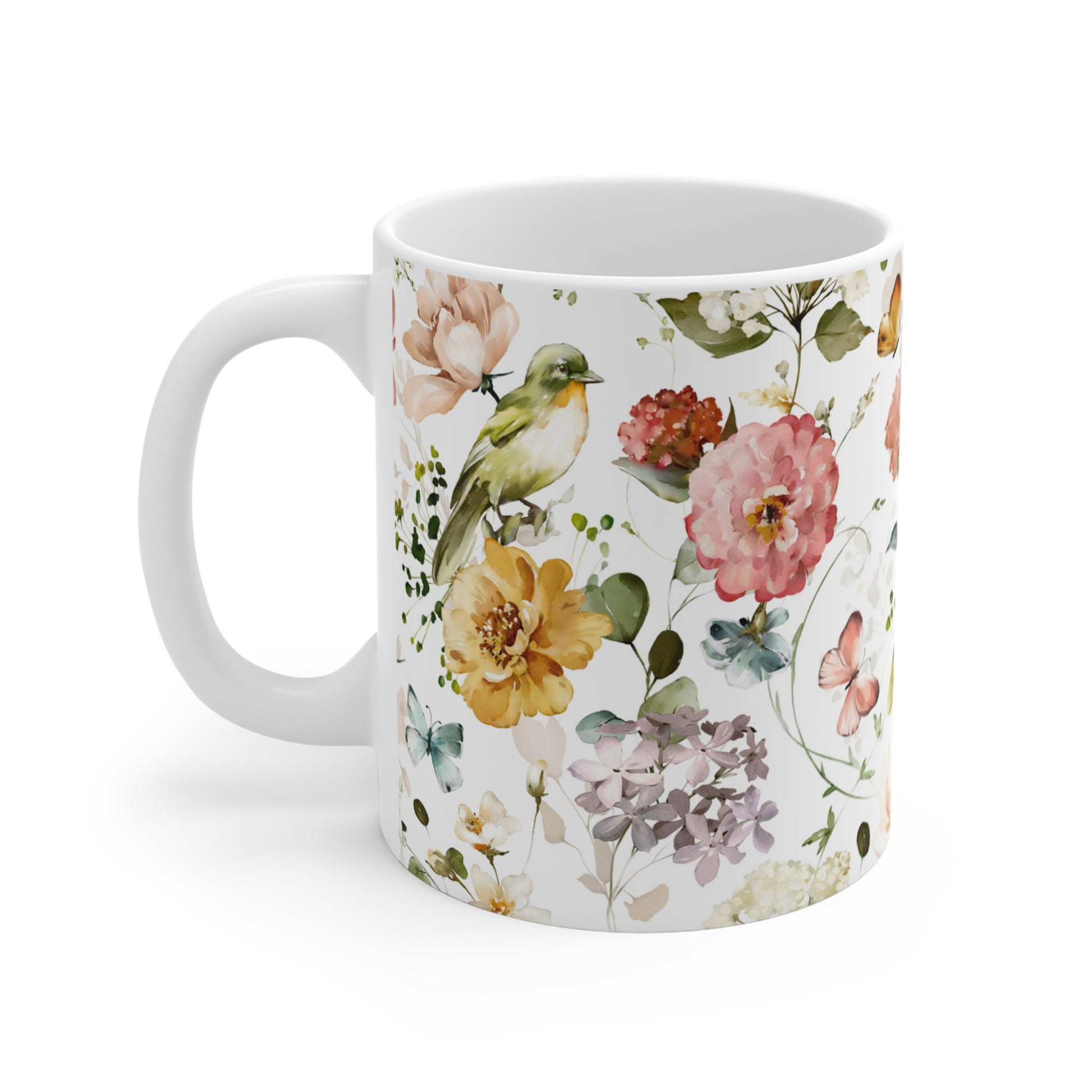 Colorful Watercolor Flowers and Butterflies Ceramic Coffee Mug