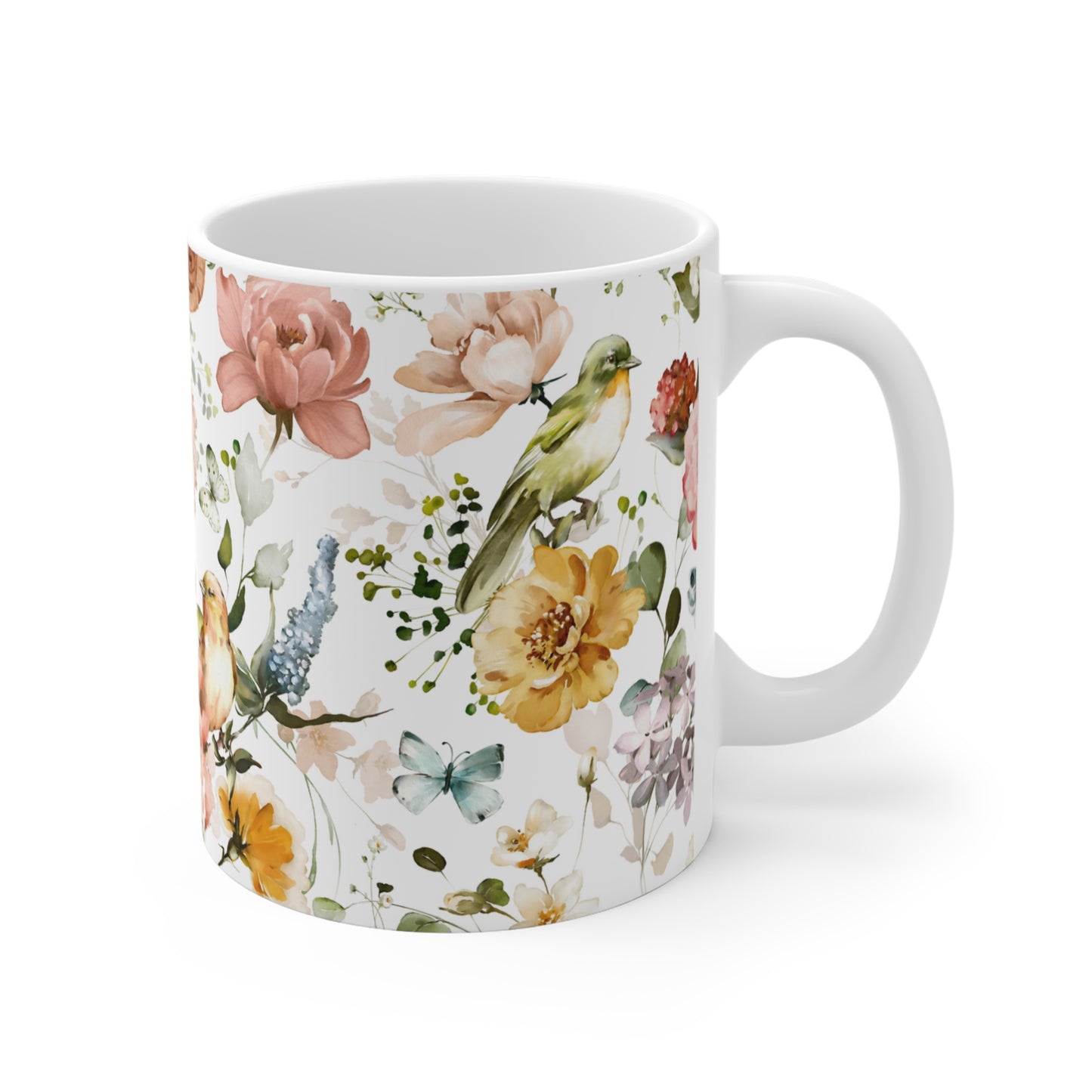 Colorful Watercolor Flowers and Butterflies Ceramic Coffee Mug