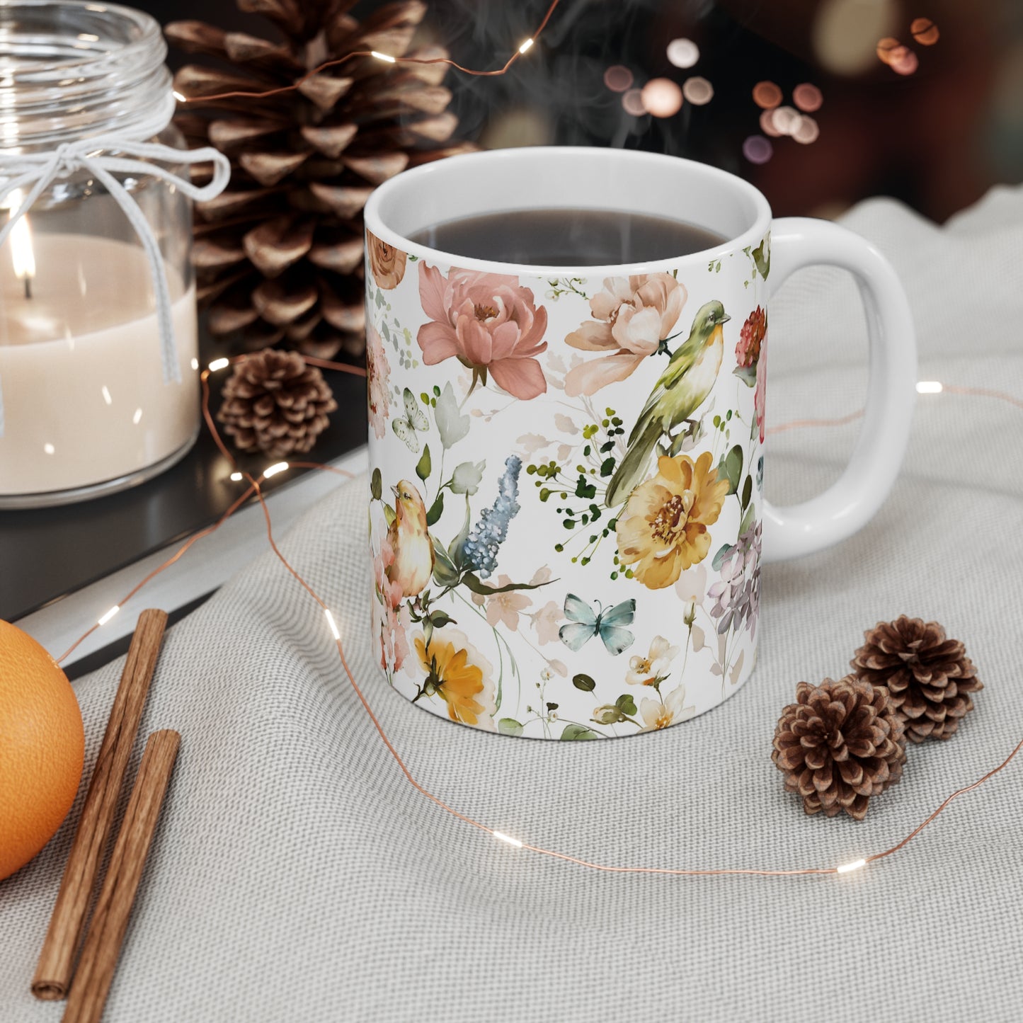 Colorful Watercolor Flowers and Butterflies Ceramic Coffee Mug