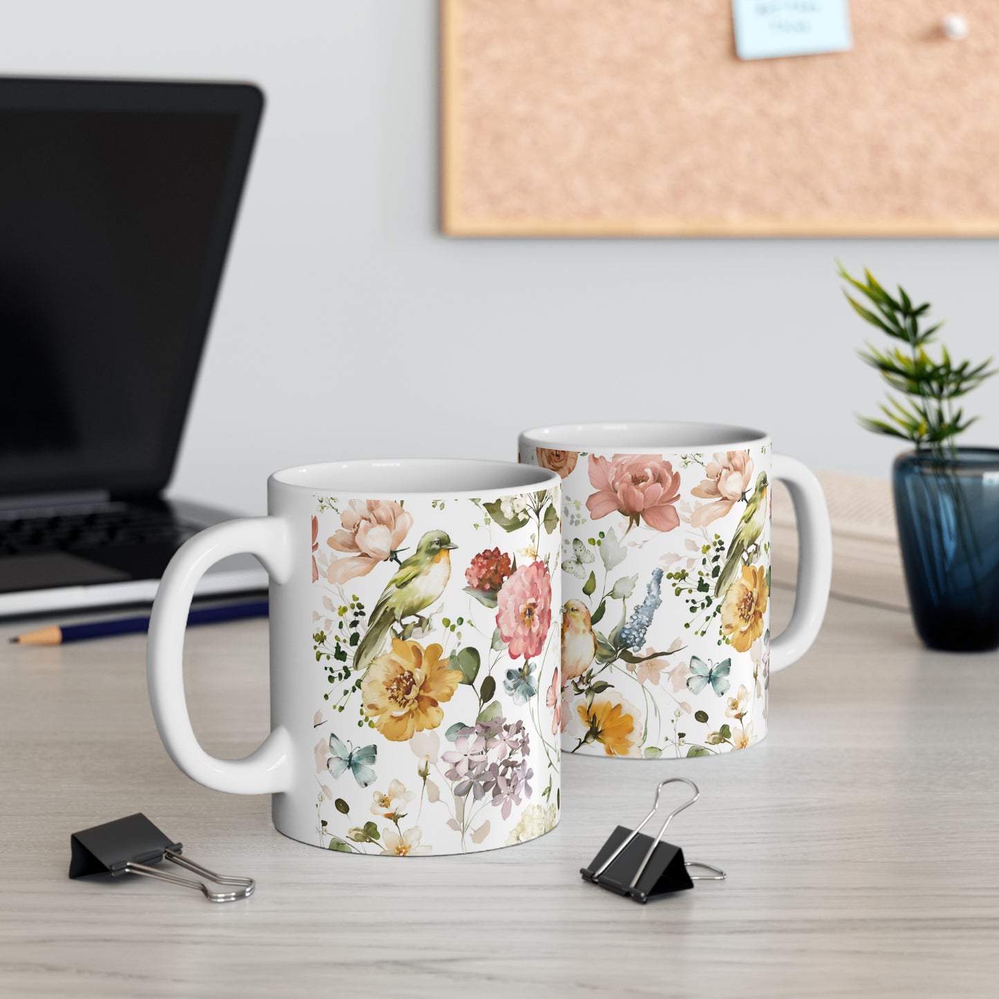 Colorful Watercolor Flowers and Butterflies Ceramic Coffee Mug