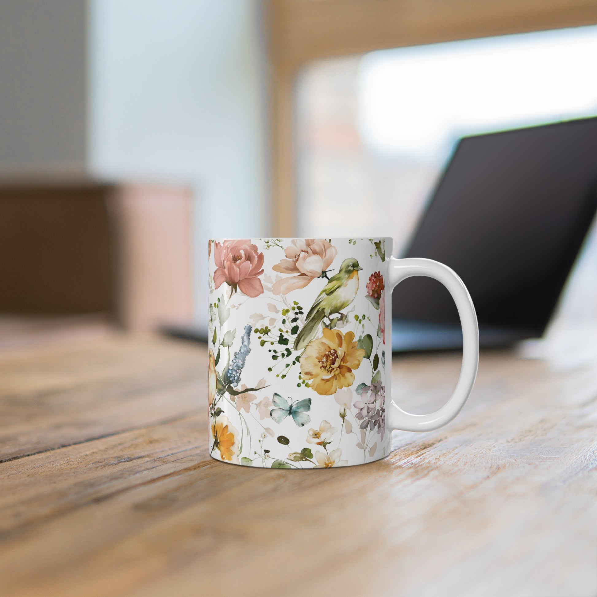 Colorful Watercolor Flowers and Butterflies Ceramic Coffee Mug