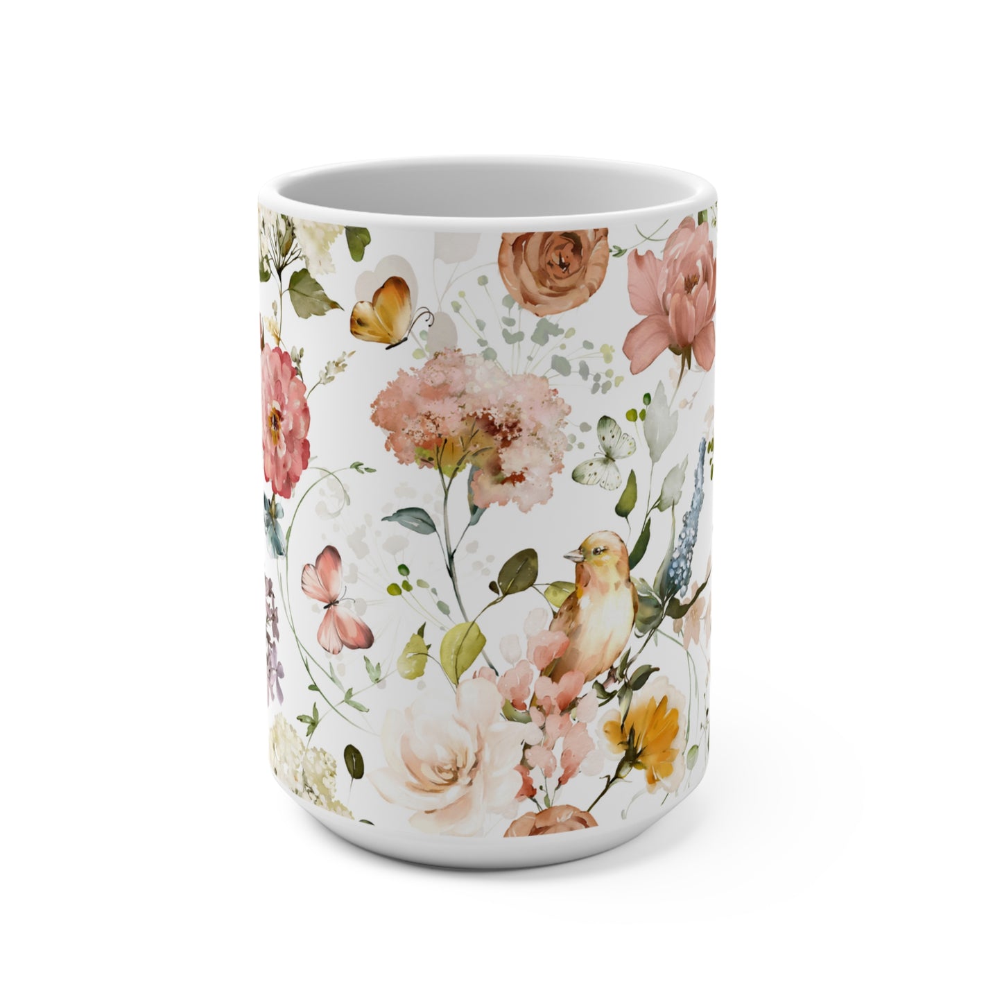 Colorful Watercolor Flowers and Butterflies Ceramic Coffee Mug