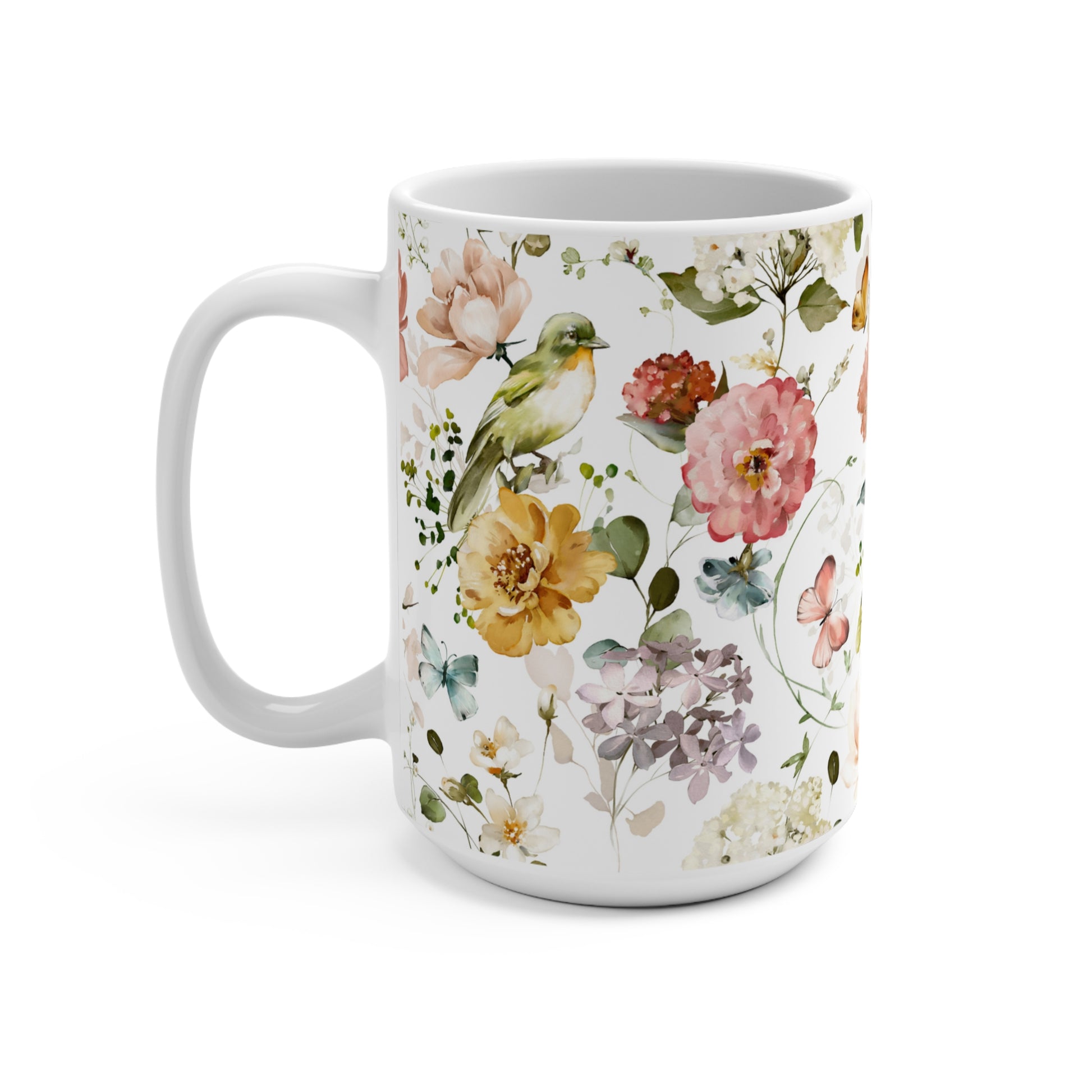 Colorful Watercolor Flowers and Butterflies Ceramic Coffee Mug