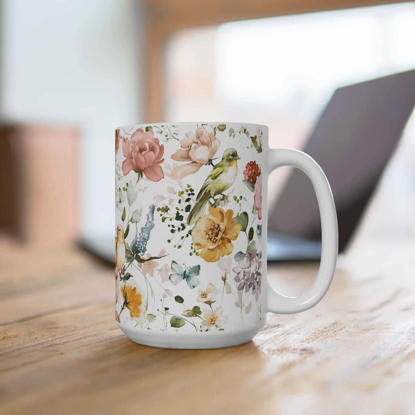 Colorful Watercolor Flowers and Butterflies Ceramic Coffee Mug