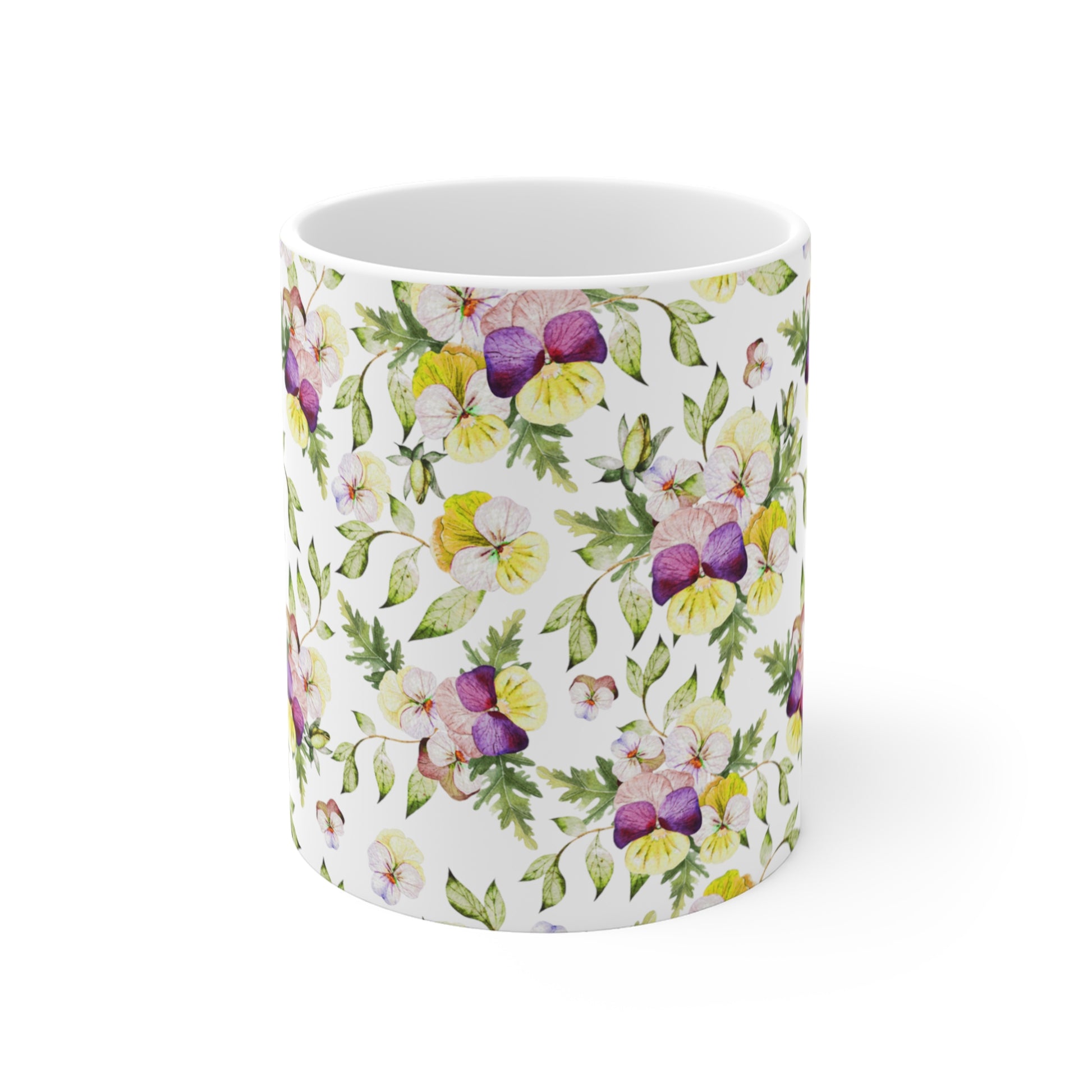 Purple And Yellow Watercolor Pansy Flowers Ceramic Coffee Mug