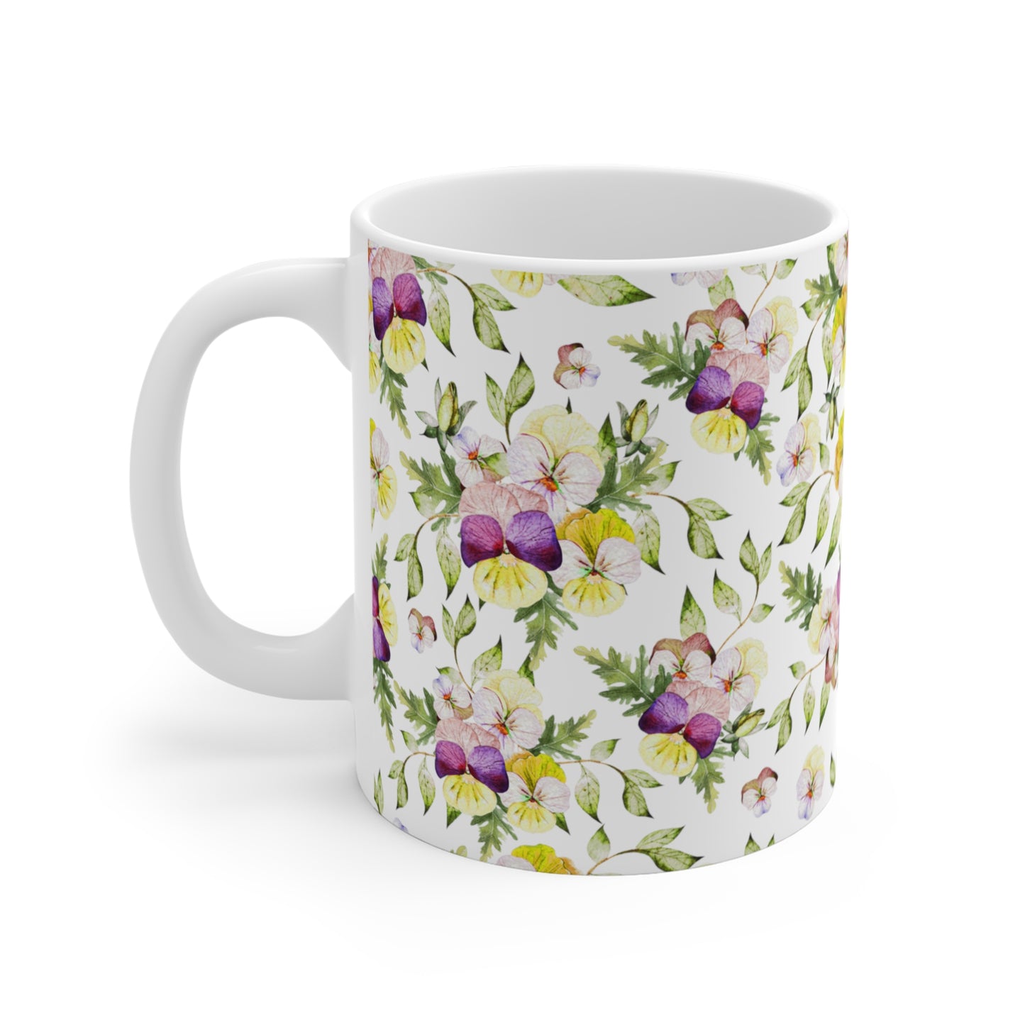 Purple And Yellow Watercolor Pansy Flowers Ceramic Coffee Mug