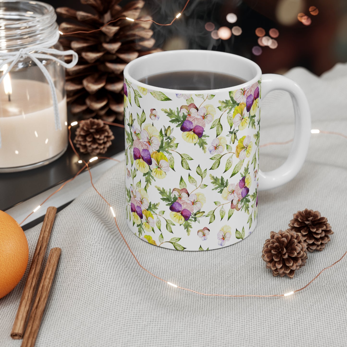 Purple And Yellow Watercolor Pansy Flowers Ceramic Coffee Mug