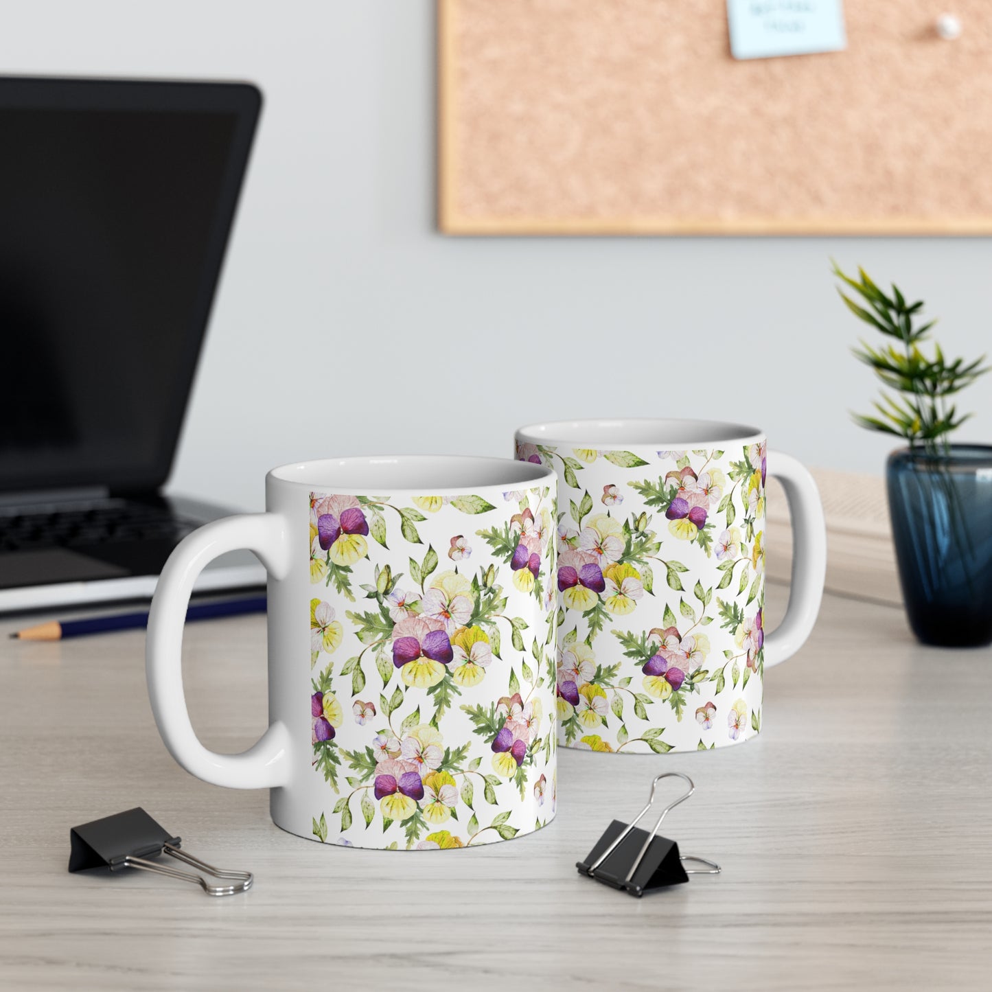 Purple And Yellow Watercolor Pansy Flowers Ceramic Coffee Mug