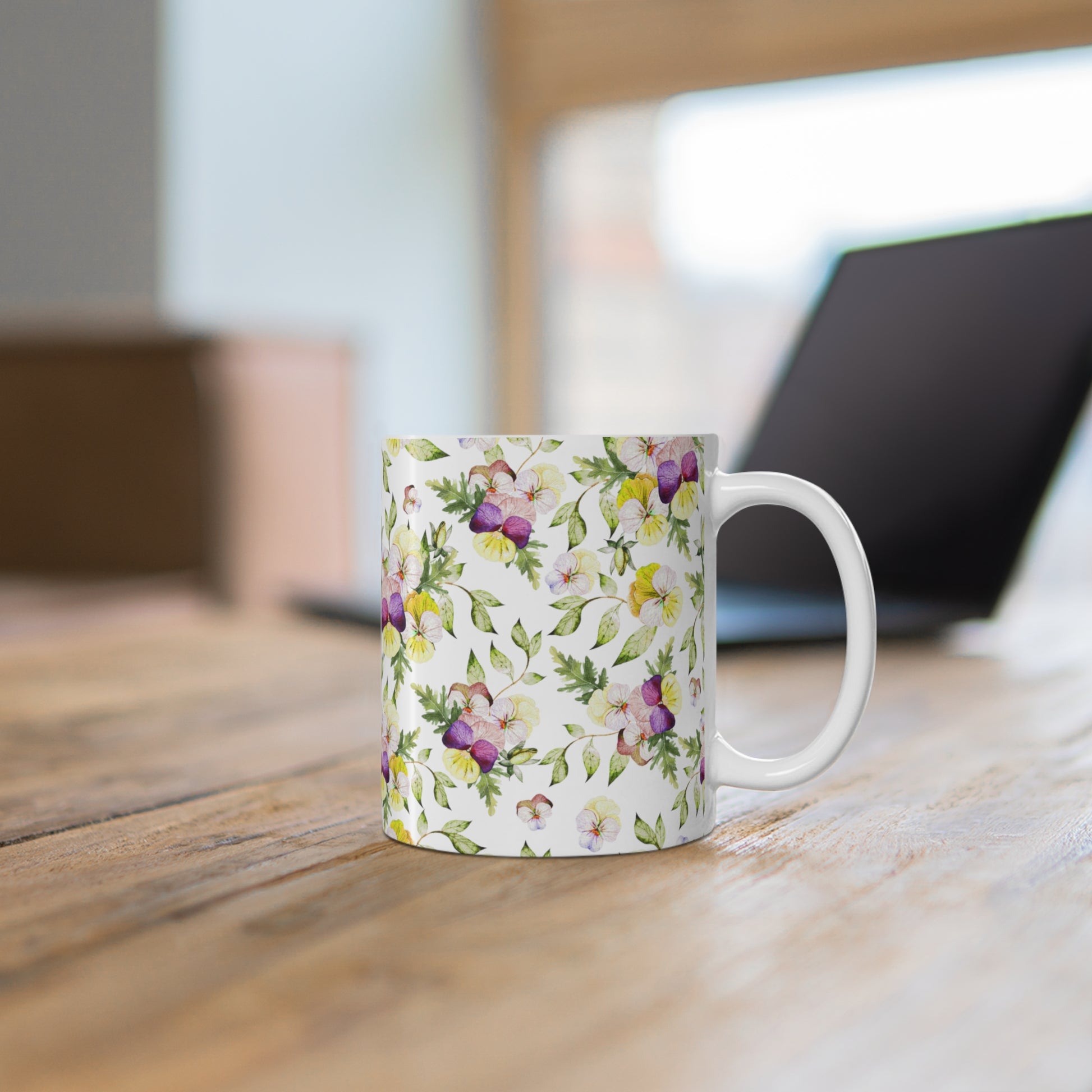 Purple And Yellow Watercolor Pansy Flowers Ceramic Coffee Mug