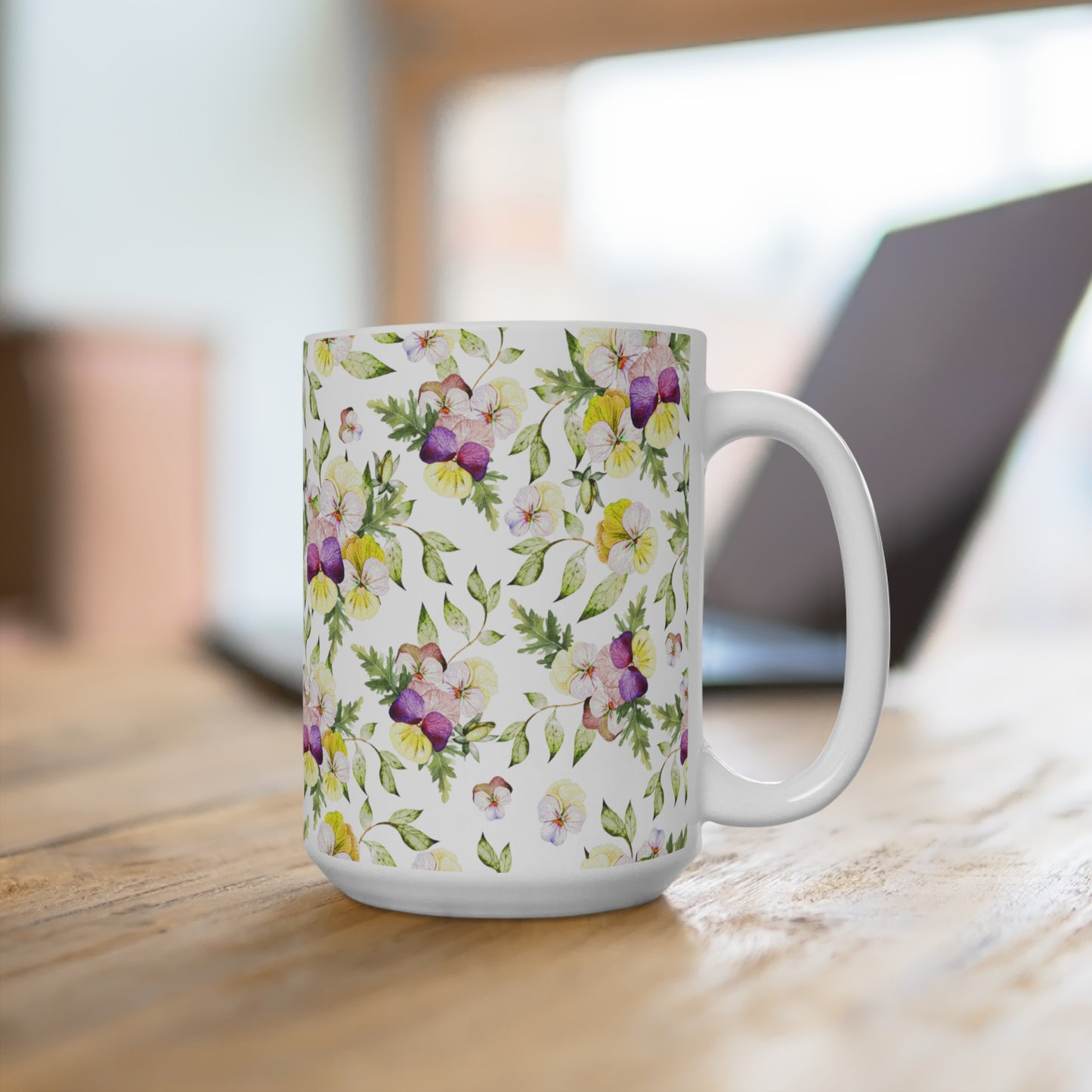 Purple And Yellow Watercolor Pansy Flowers Ceramic Coffee Mug