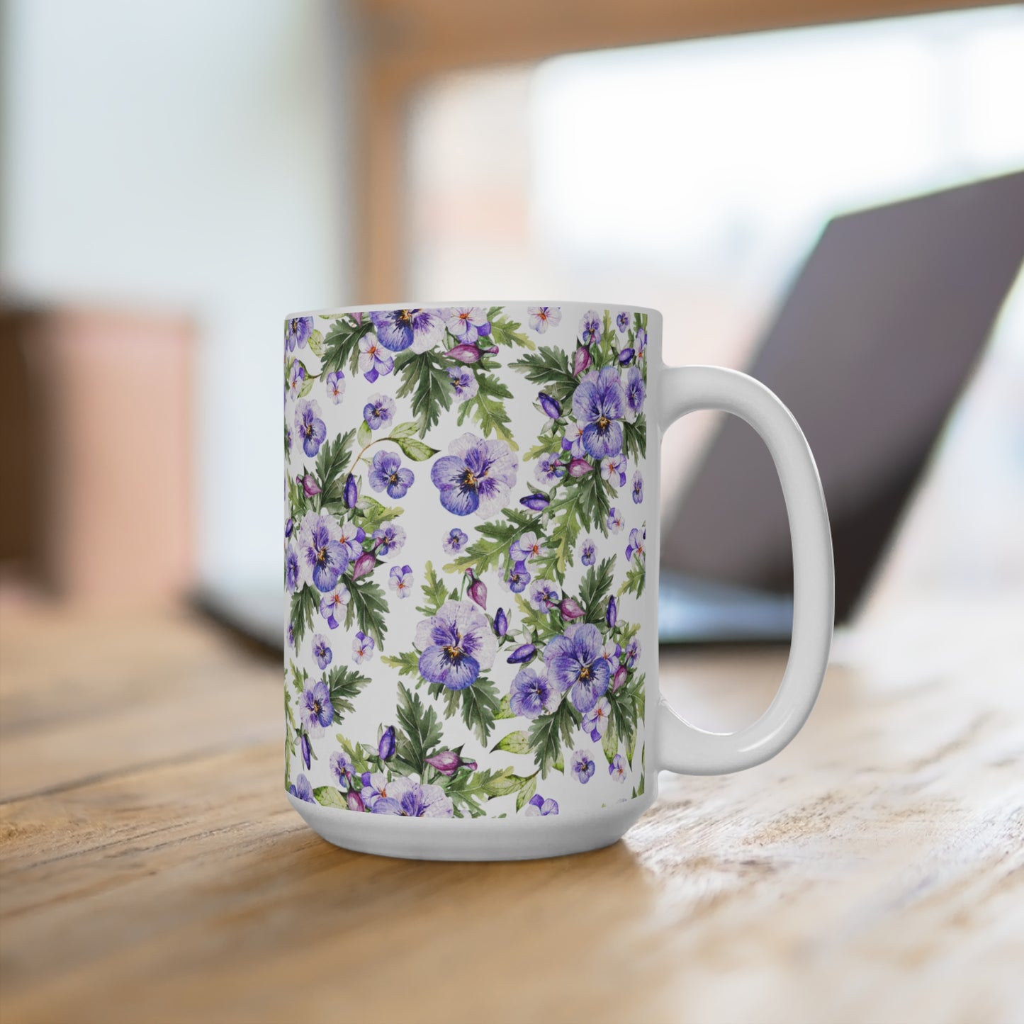 Purple Watercolor Pansy Flowers Ceramic Coffee Mug