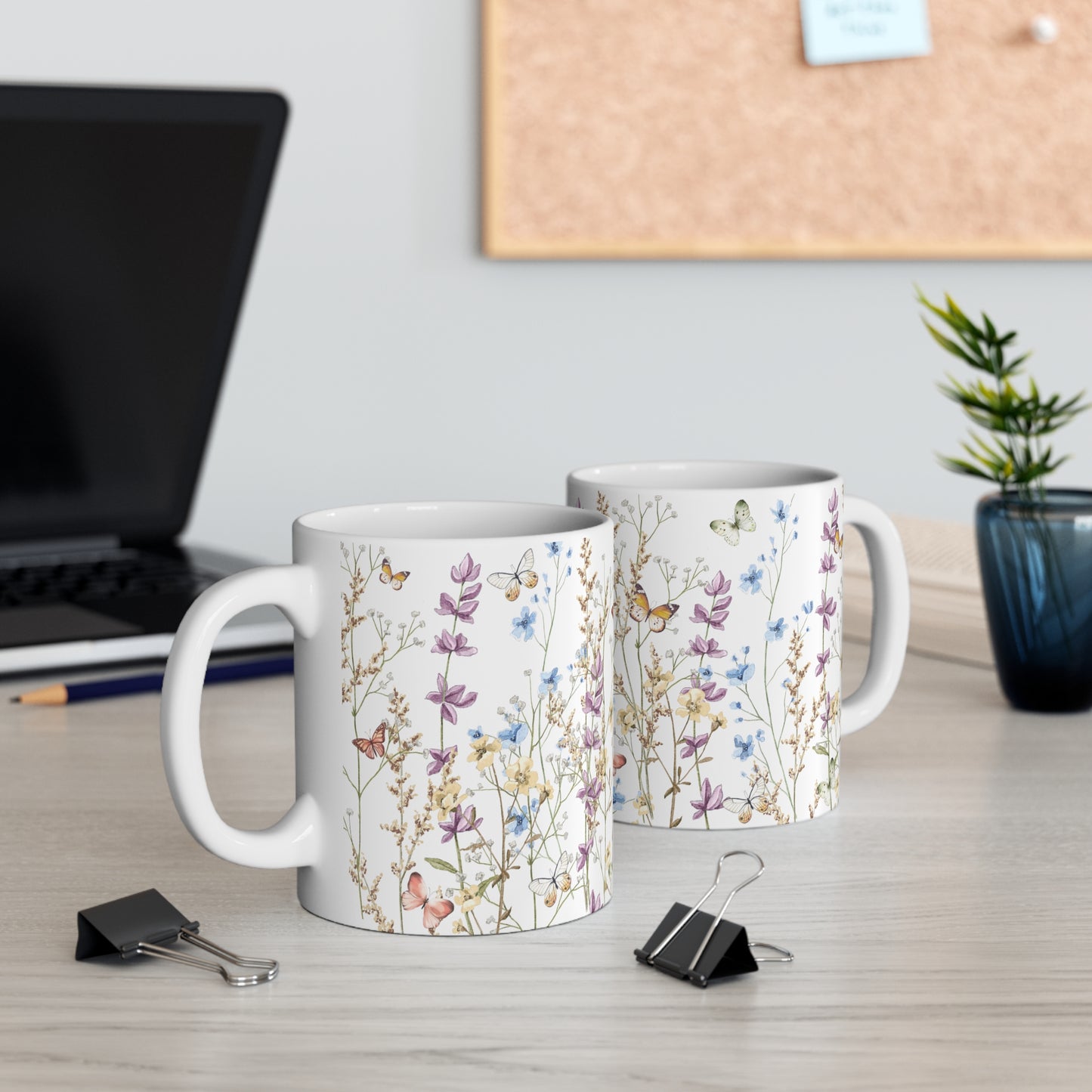 Blue And Purple Watercolor Wildflowers Ceramic Coffee Mug