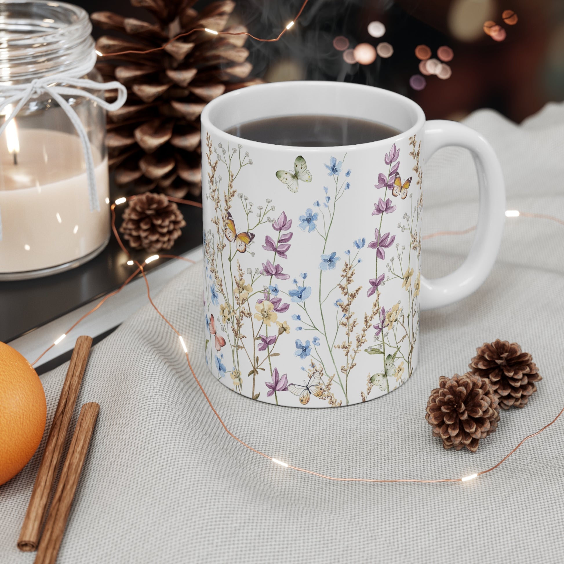 Blue And Purple Watercolor Wildflowers Ceramic Coffee Mug