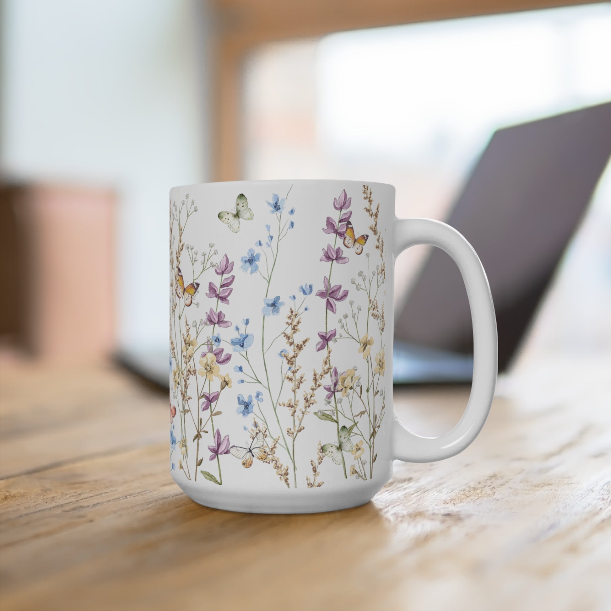 Blue And Purple Watercolor Wildflowers Ceramic Coffee Mug